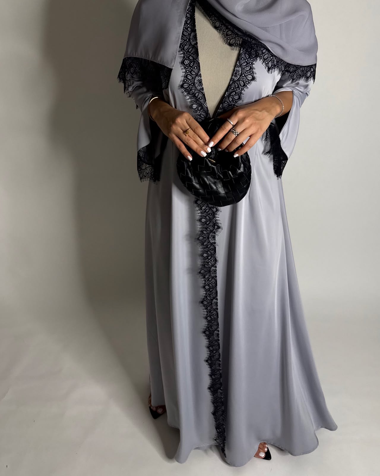 A639 - Elegant Gray A-CUT Abaya with Black Lace & Matching Head Scarf