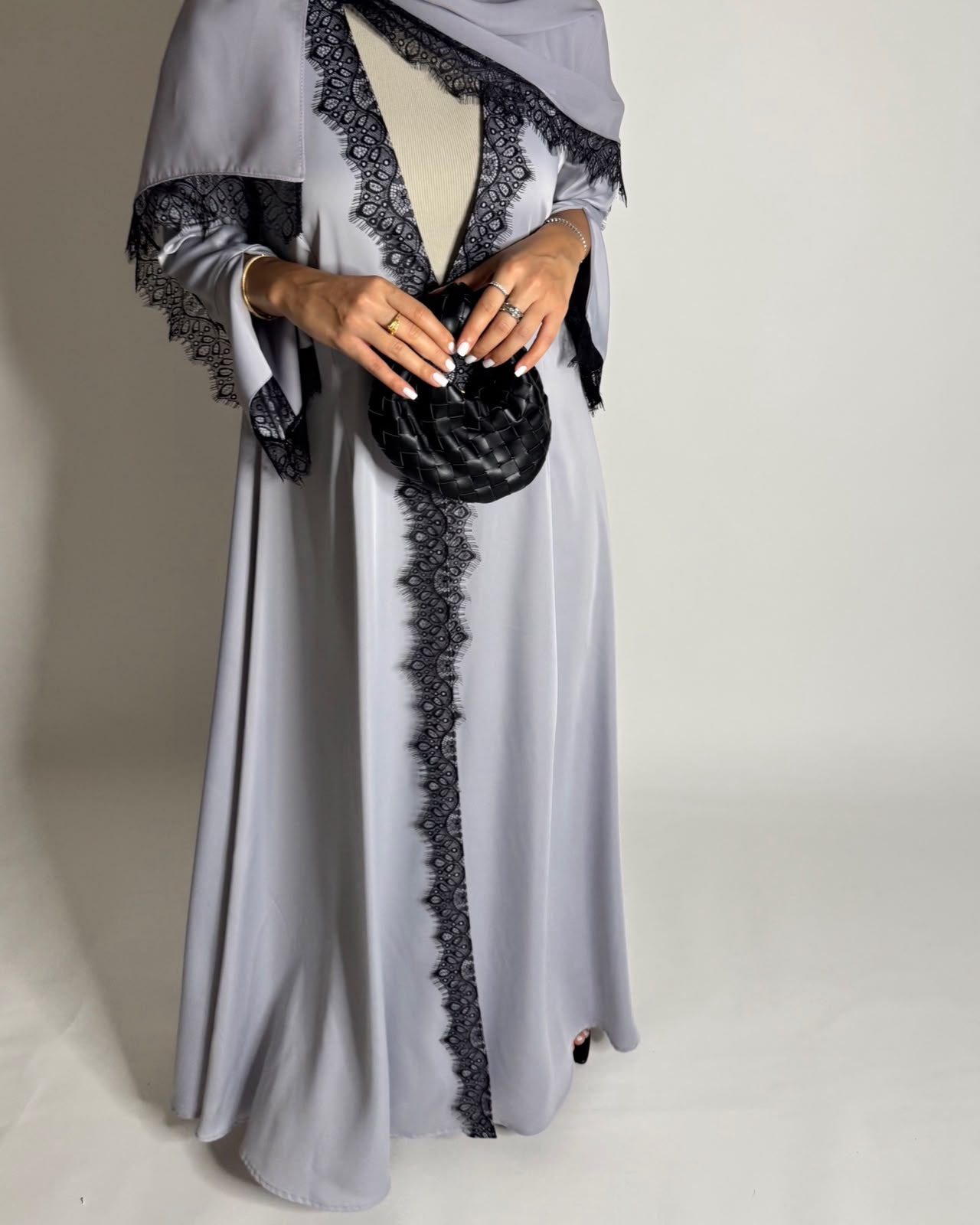 A639 - Elegant Gray A-CUT Abaya with Black Lace & Matching Head Scarf