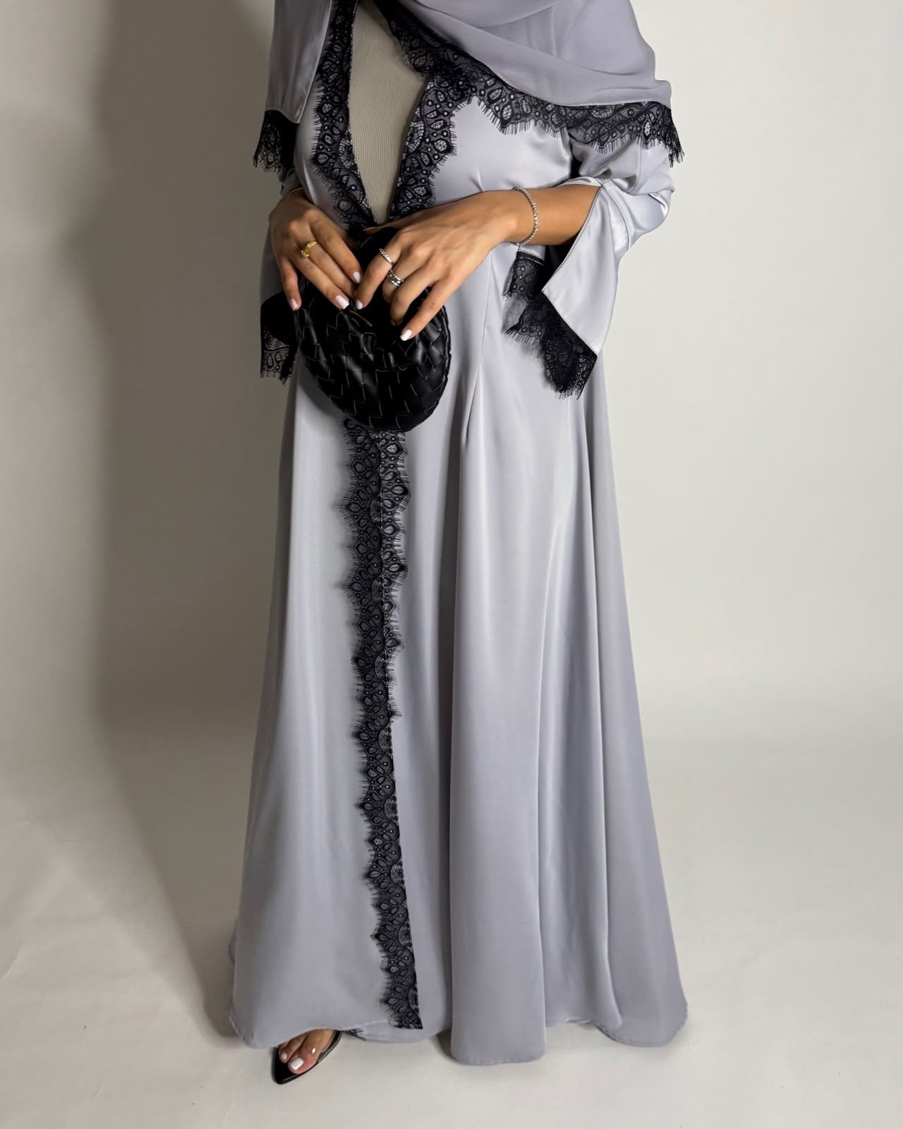 A639 - Elegant Gray A-CUT Abaya with Black Lace & Matching Head Scarf