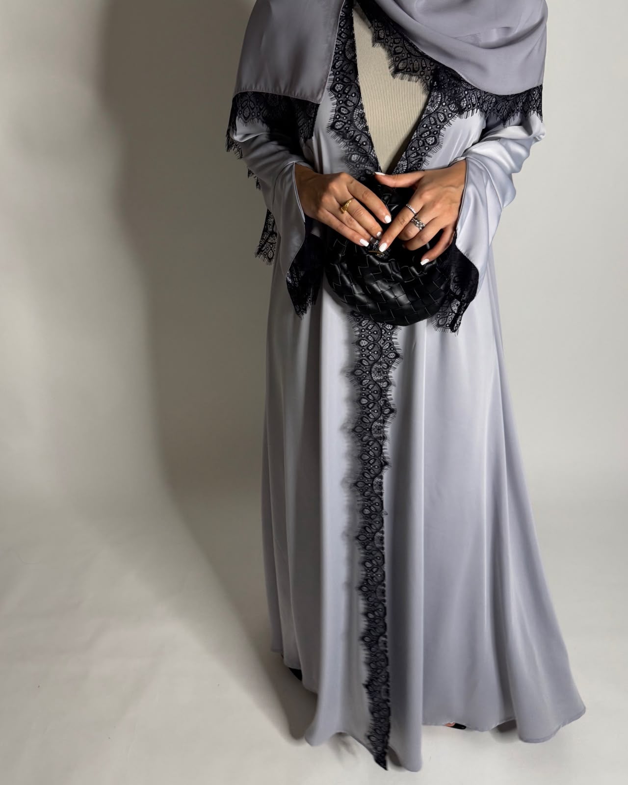 A639 - Elegant Gray A-CUT Abaya with Black Lace & Matching Head Scarf