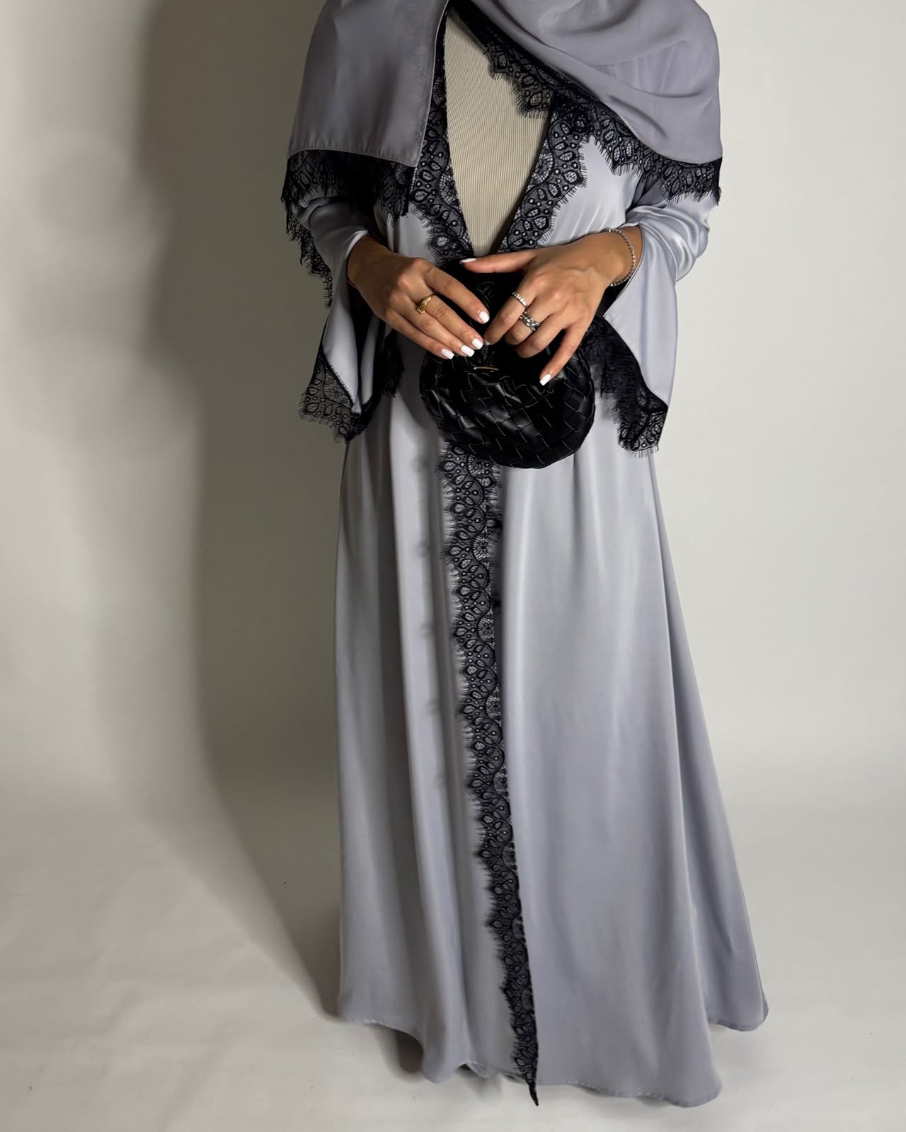 A639 - Elegant Gray A-CUT Abaya with Black Lace & Matching Head Scarf