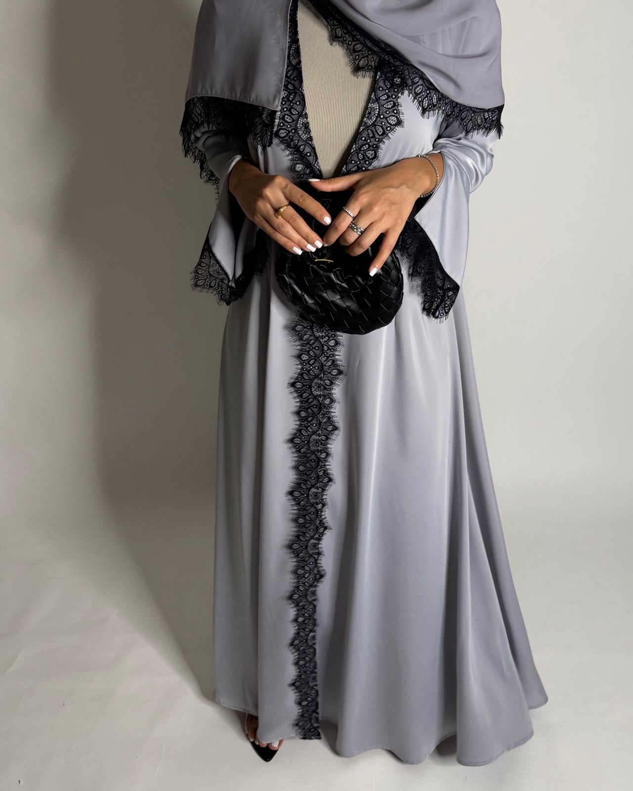 A639 - Elegant Gray A-CUT Abaya with Black Lace & Matching Head Scarf