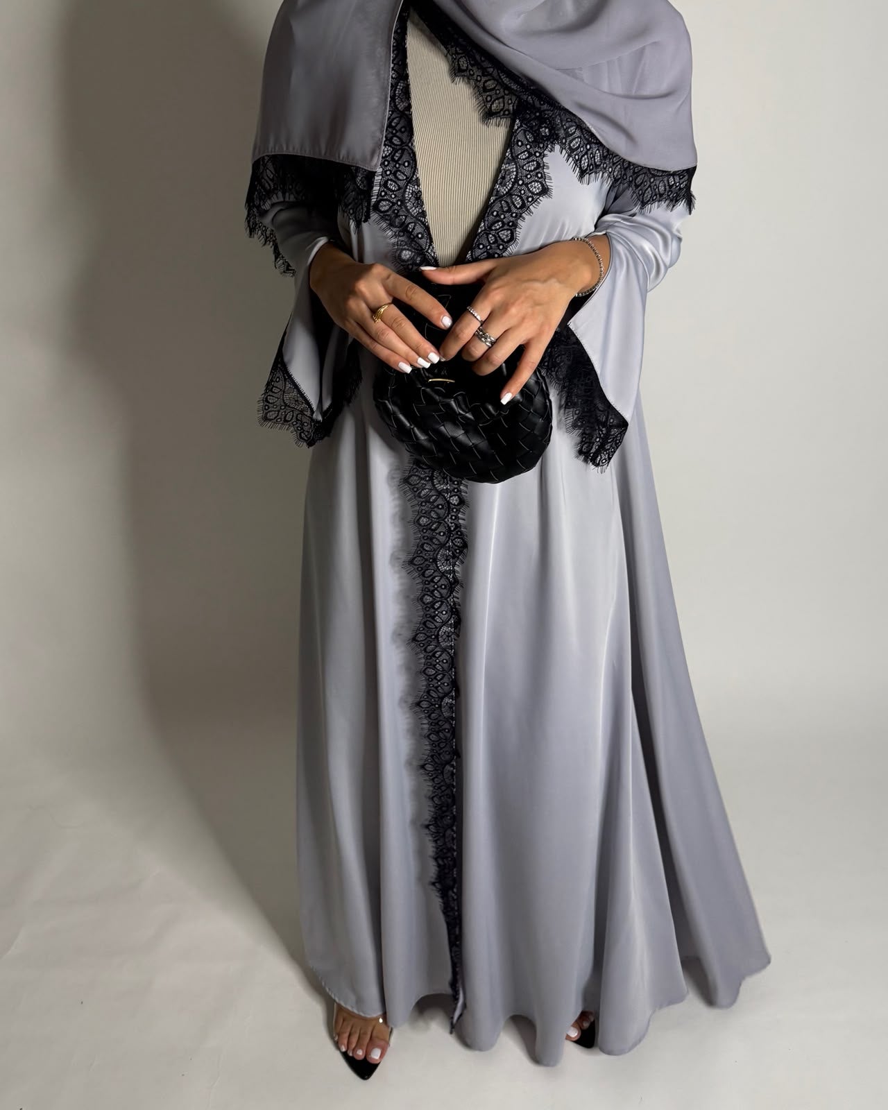 A639 - Elegant Gray A-CUT Abaya with Black Lace & Matching Head Scarf
