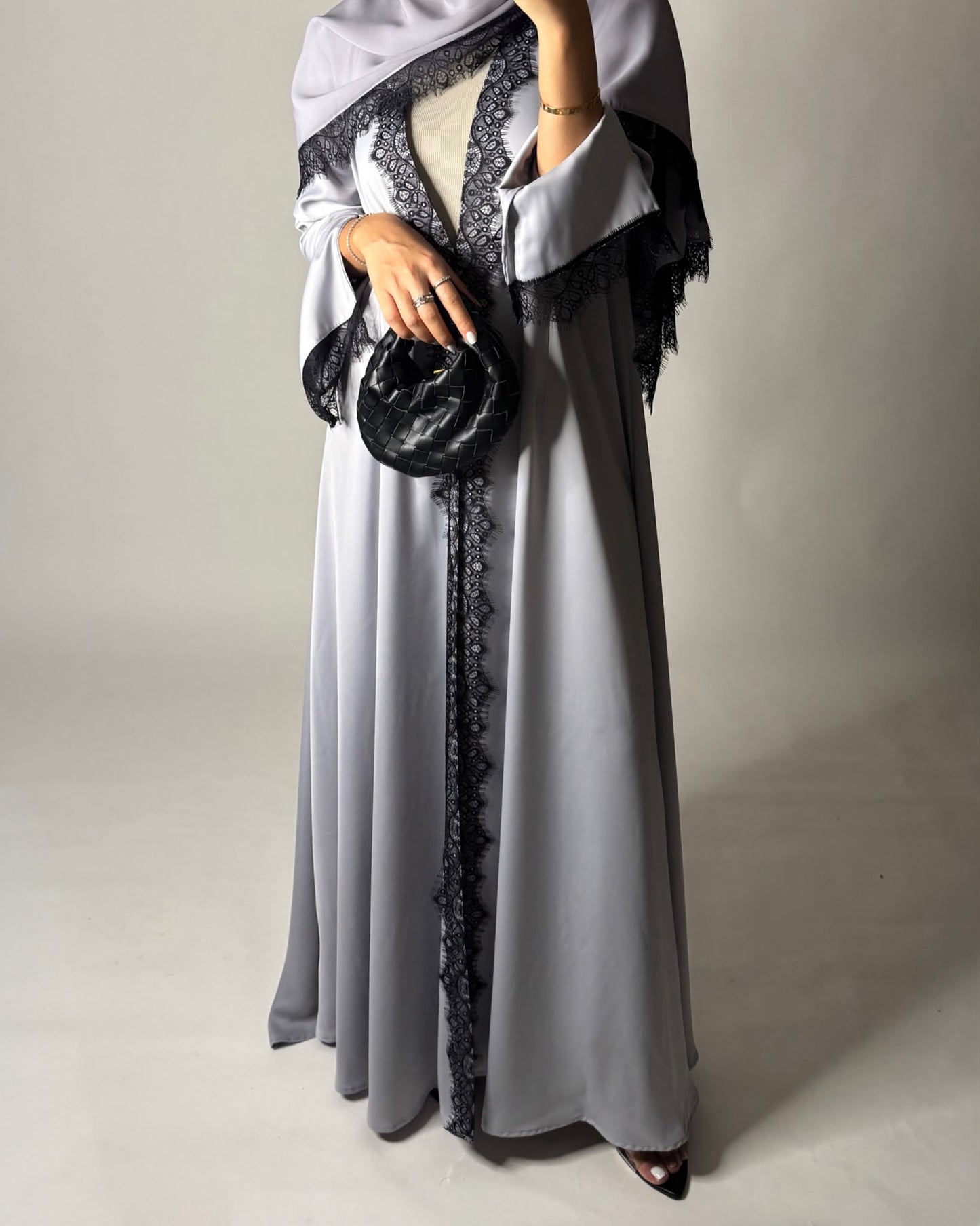 A639 - Elegant Gray A-CUT Abaya with Black Lace & Matching Head Scarf