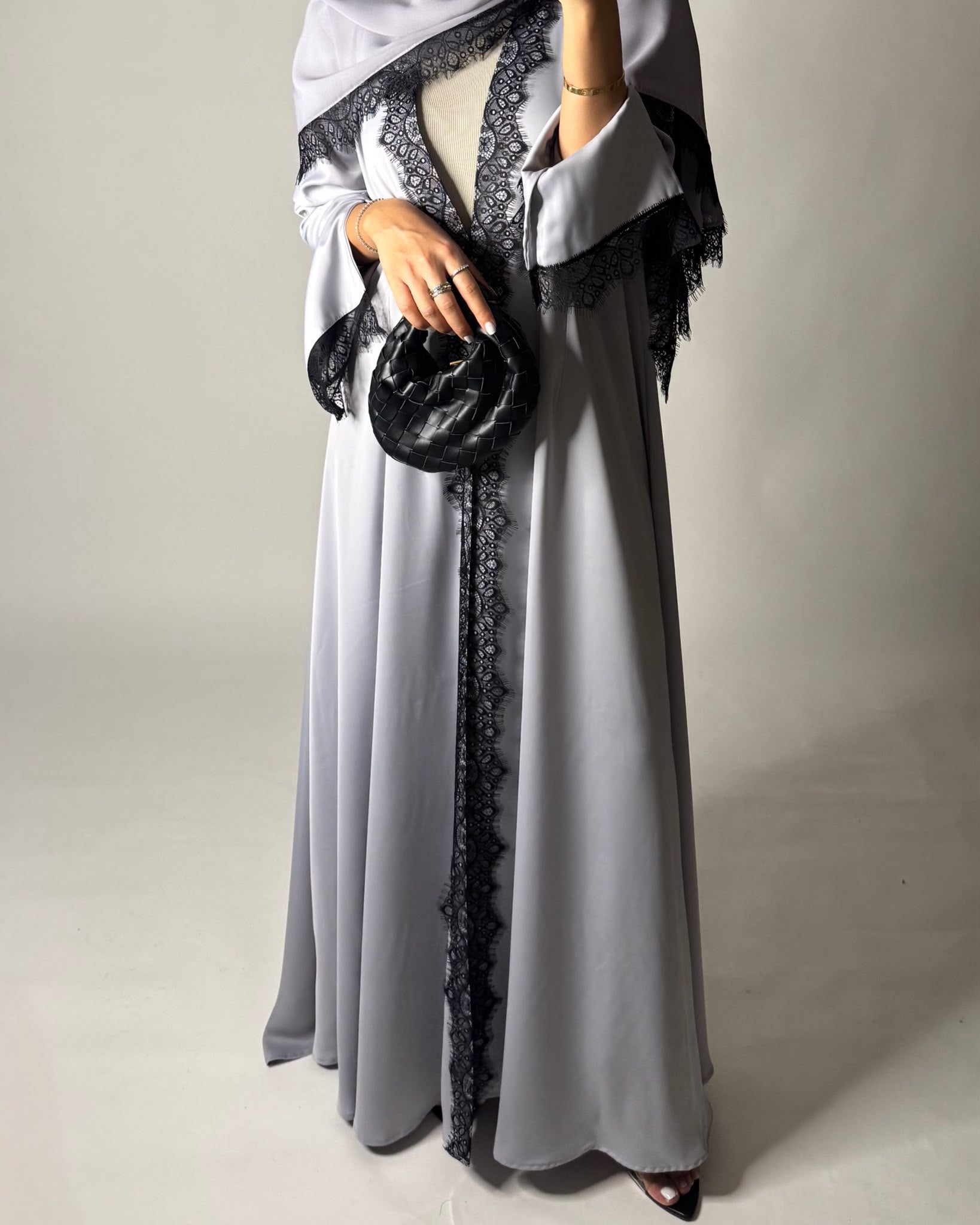 A639 - Elegant Gray A-CUT Abaya with Black Lace & Matching Head Scarf