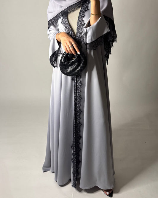 A639 - Elegant Gray A-CUT Abaya with Black Lace & Matching Head Scarf