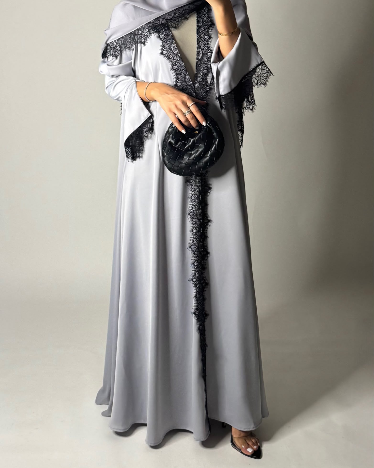 A639 - Elegant Gray A-CUT Abaya with Black Lace & Matching Head Scarf