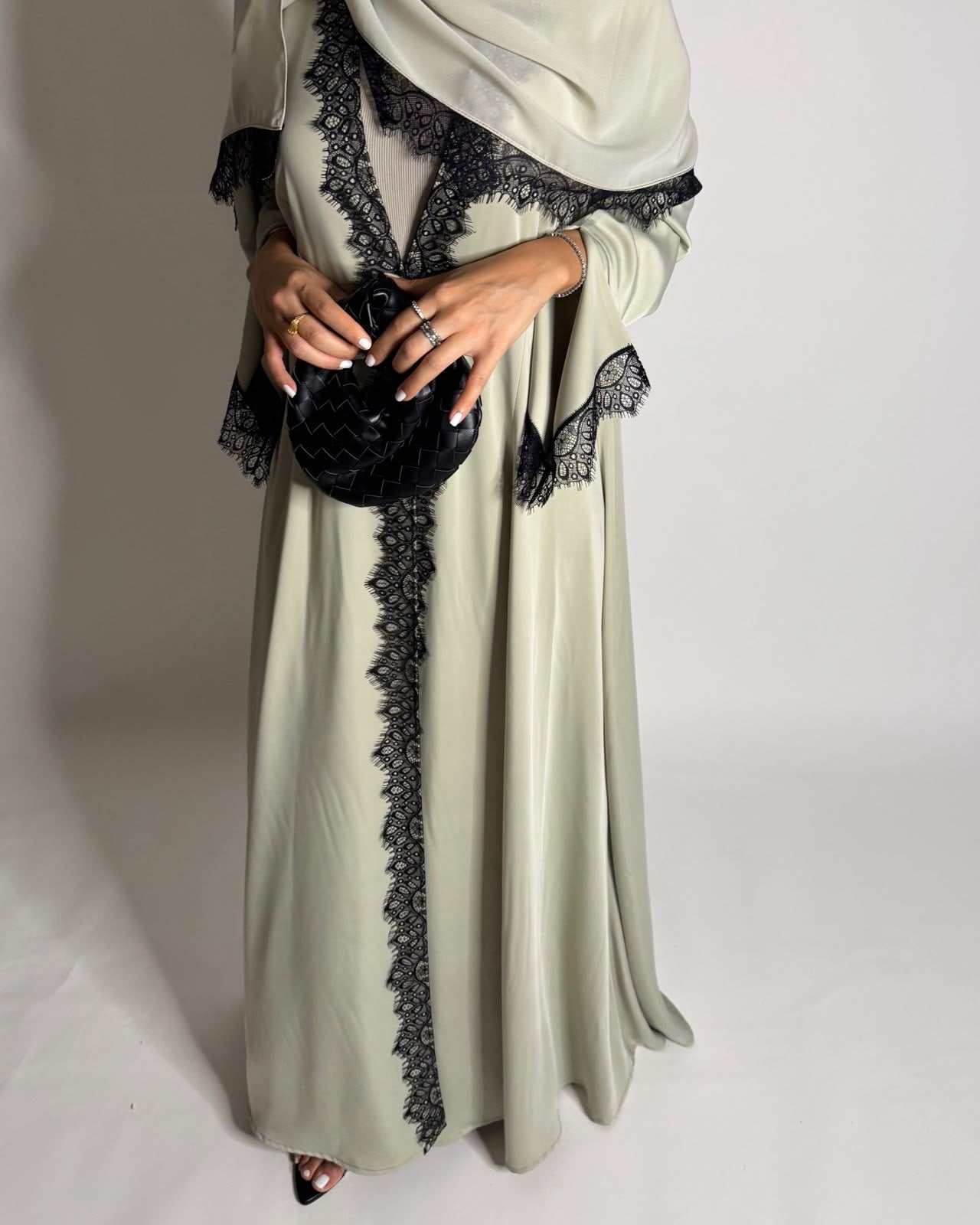 A638 - Elegant Mint Green A-CUT Abaya with Black Lace & Matching Head Scarf