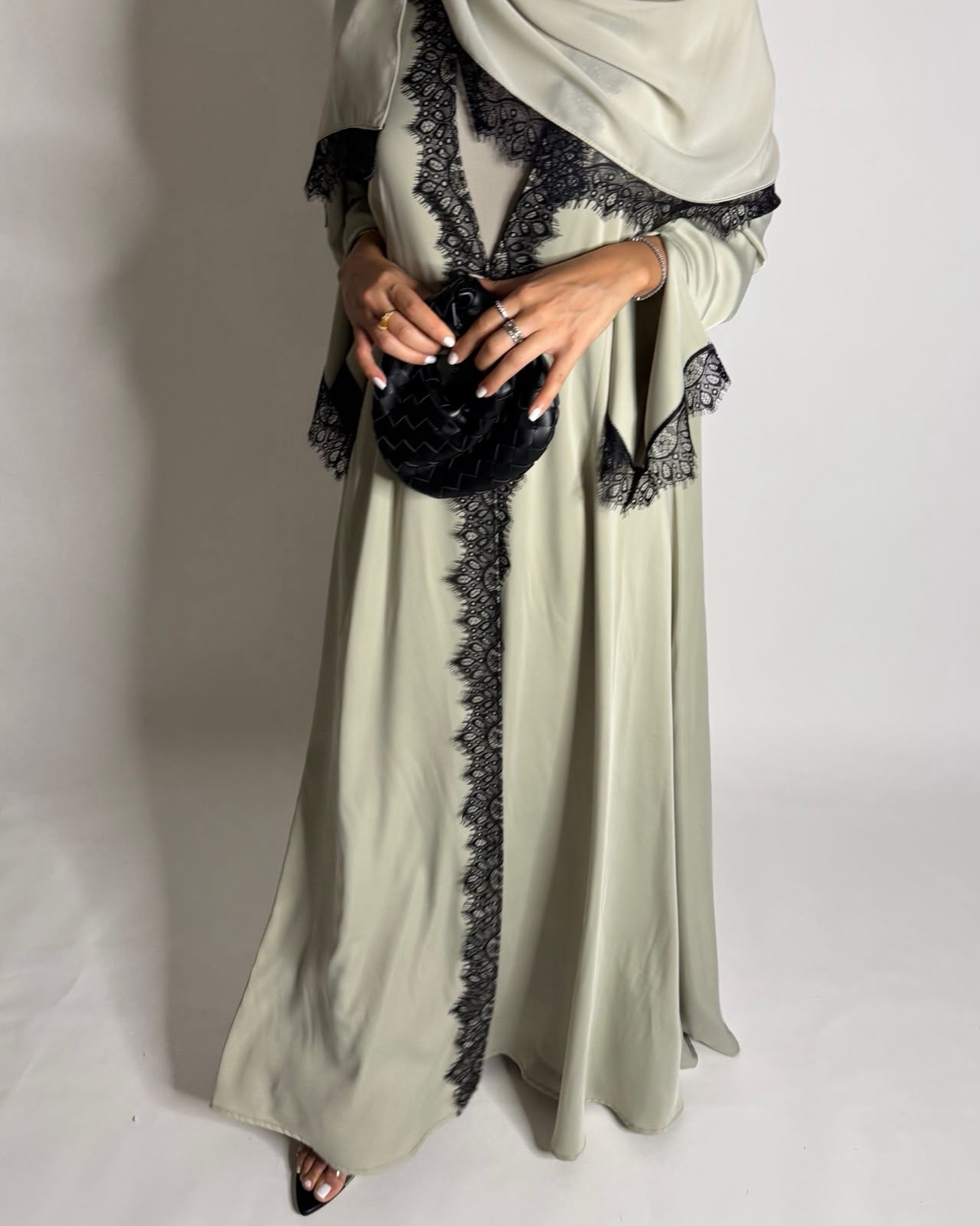 A638 - Elegant Mint Green A-CUT Abaya with Black Lace & Matching Head Scarf