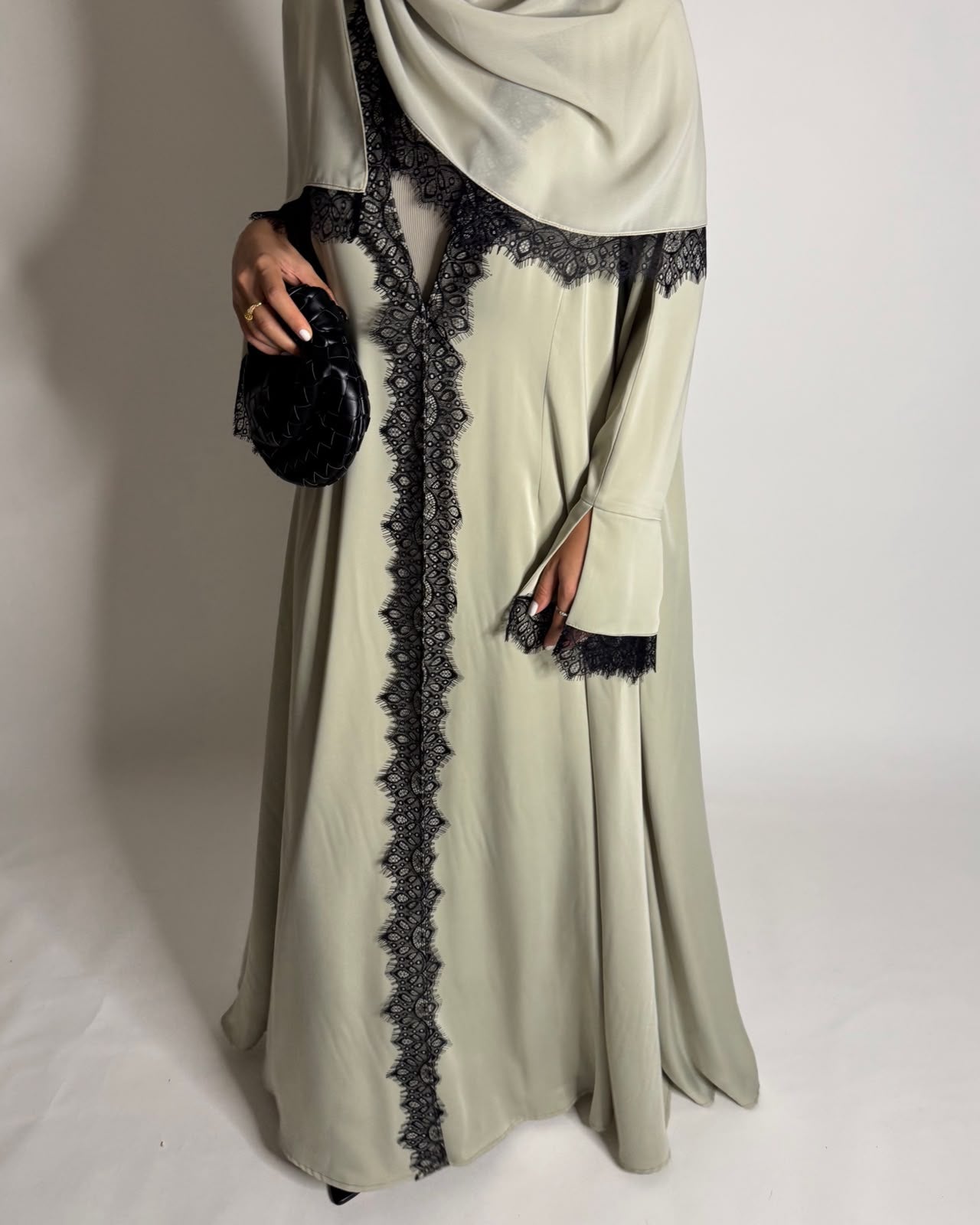 A638 - Elegant Mint Green A-CUT Abaya with Black Lace & Matching Head Scarf