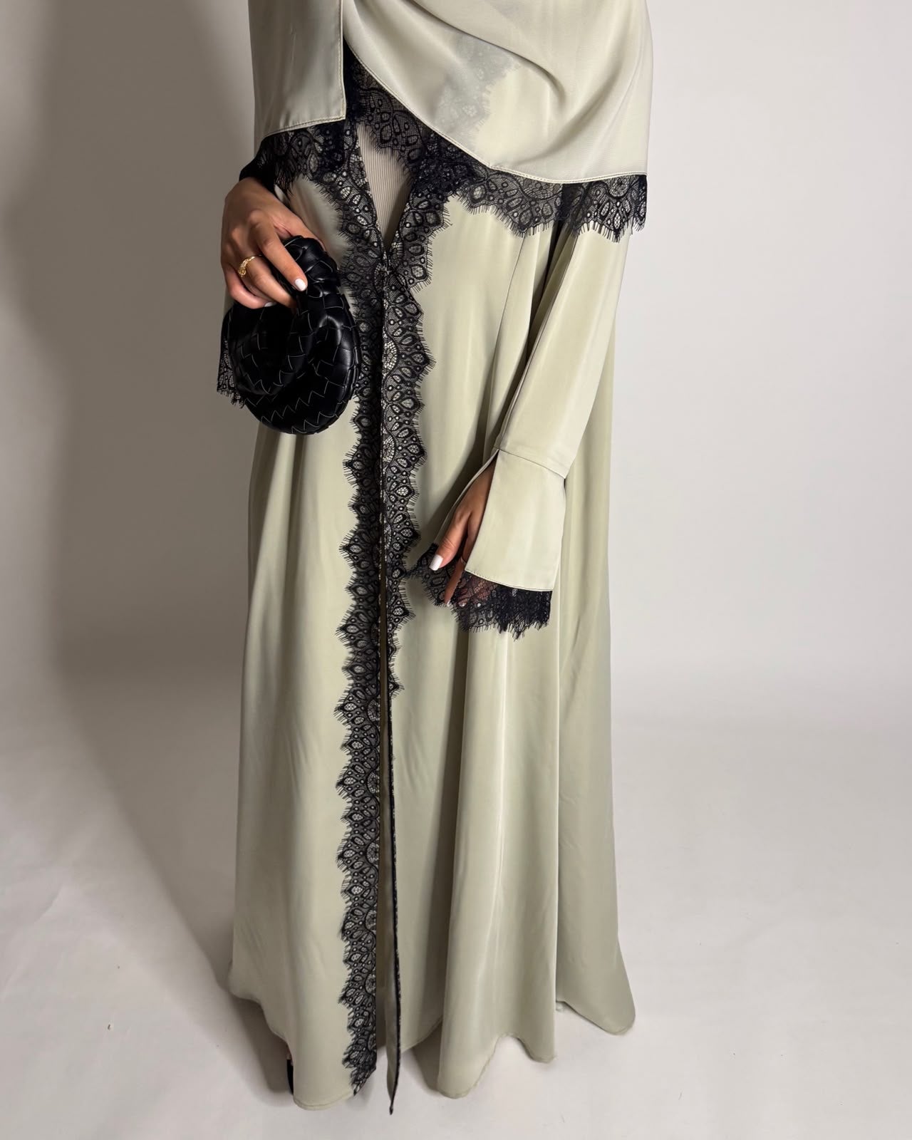 A638 - Elegant Mint Green A-CUT Abaya with Black Lace & Matching Head Scarf
