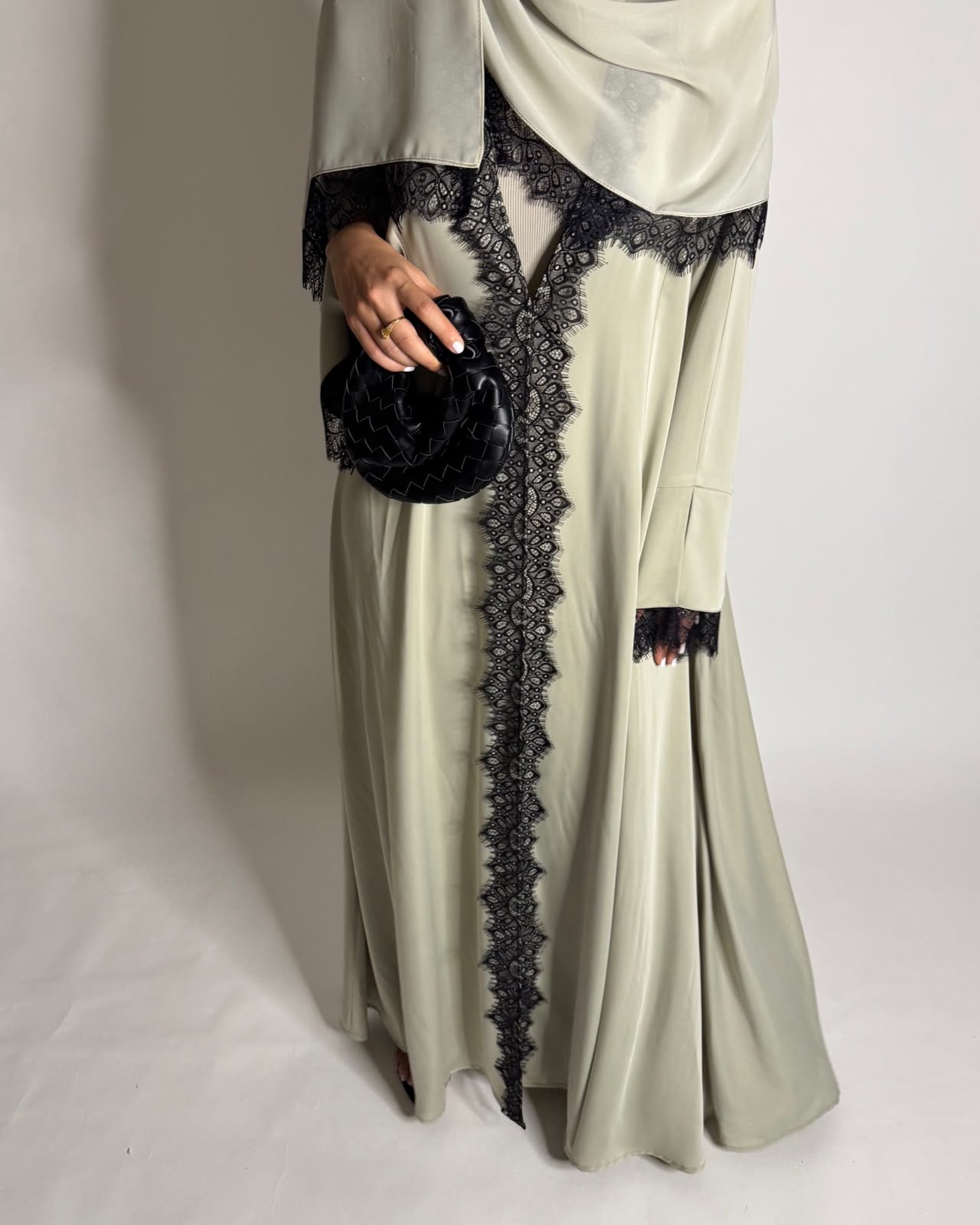 A638 - Elegant Mint Green A-CUT Abaya with Black Lace & Matching Head Scarf