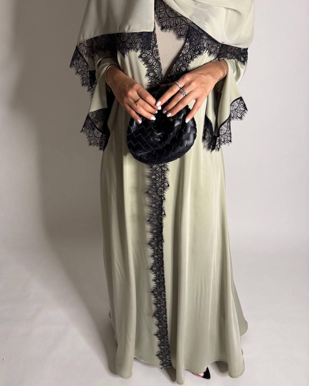 A638 - Elegant Mint Green A-CUT Abaya with Black Lace & Matching Head Scarf
