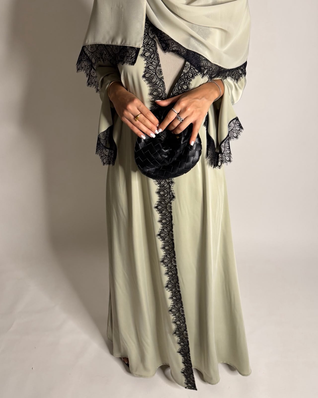 A638 - Elegant Mint Green A-CUT Abaya with Black Lace & Matching Head Scarf