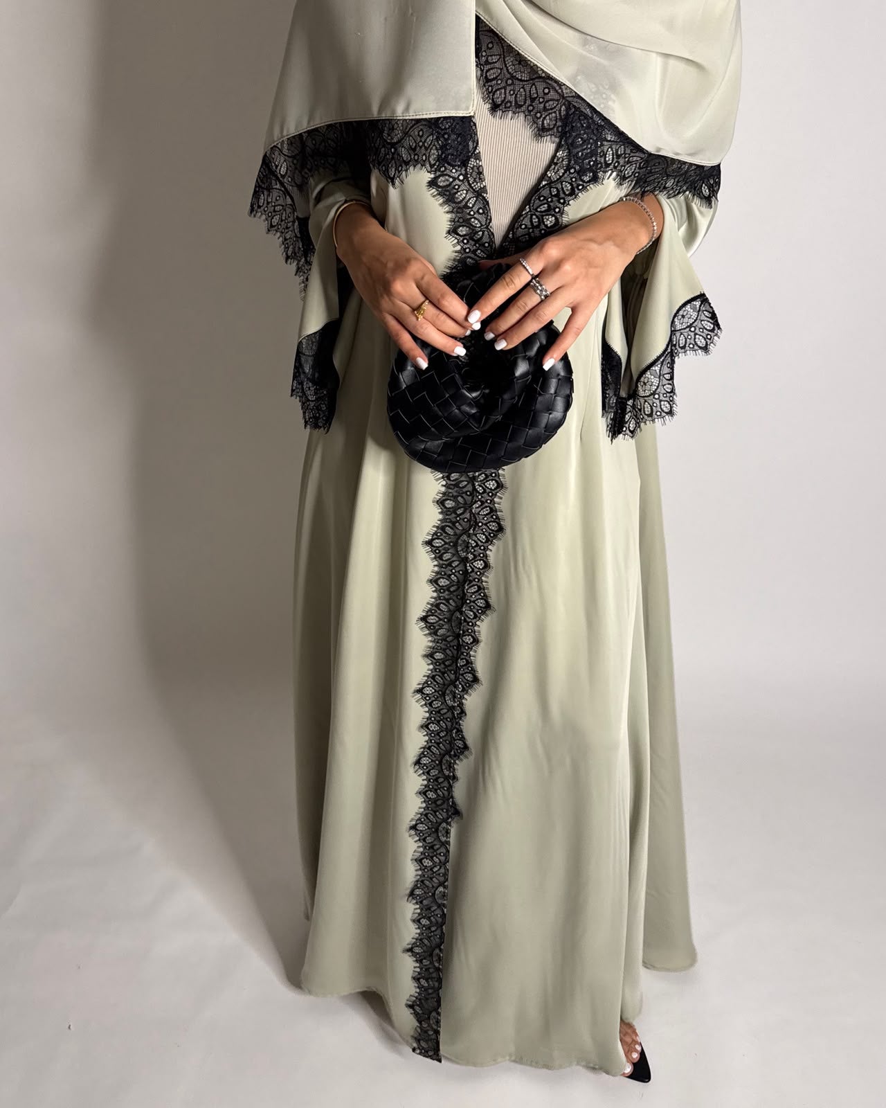 A638 - Elegant Mint Green A-CUT Abaya with Black Lace & Matching Head Scarf