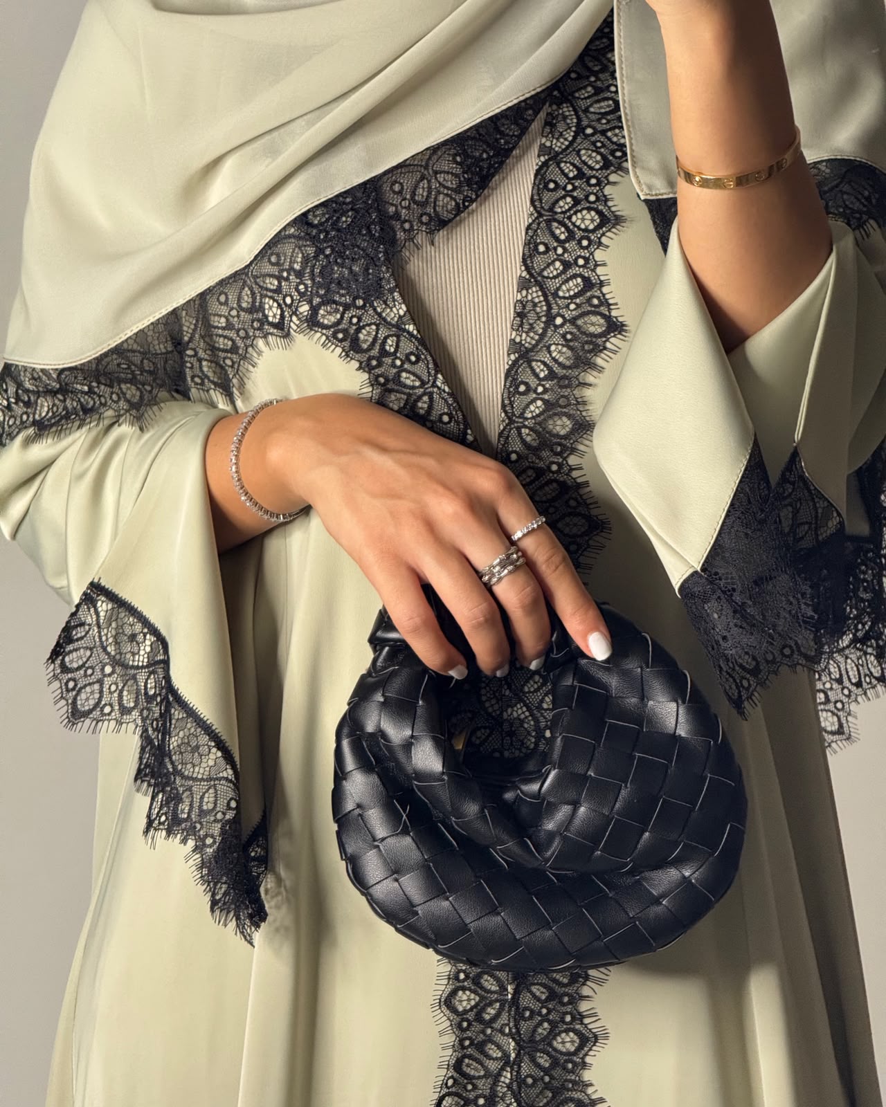 A638 - Elegant Mint Green A-CUT Abaya with Black Lace & Matching Head Scarf
