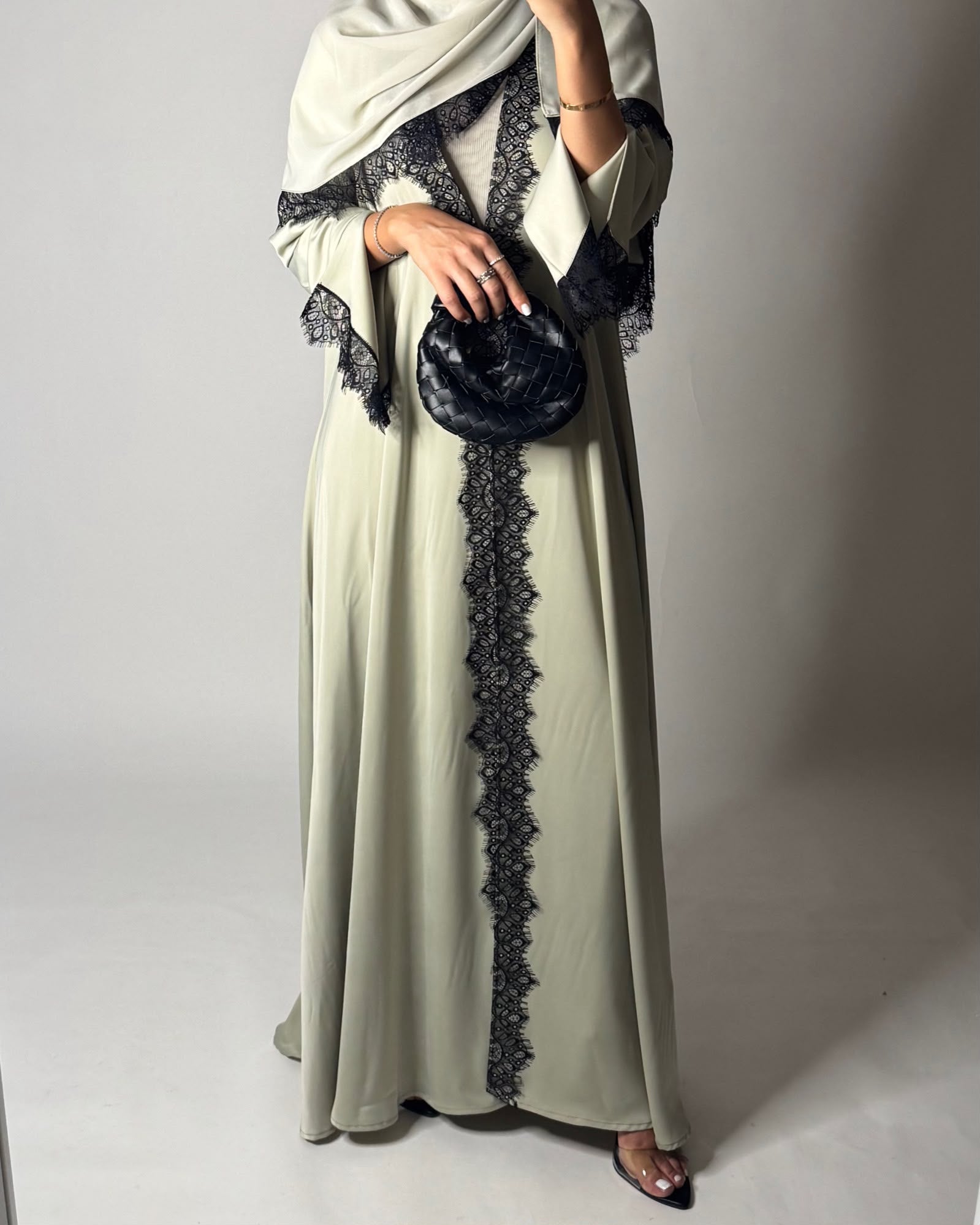 A638 - Elegant Mint Green A-CUT Abaya with Black Lace & Matching Head Scarf