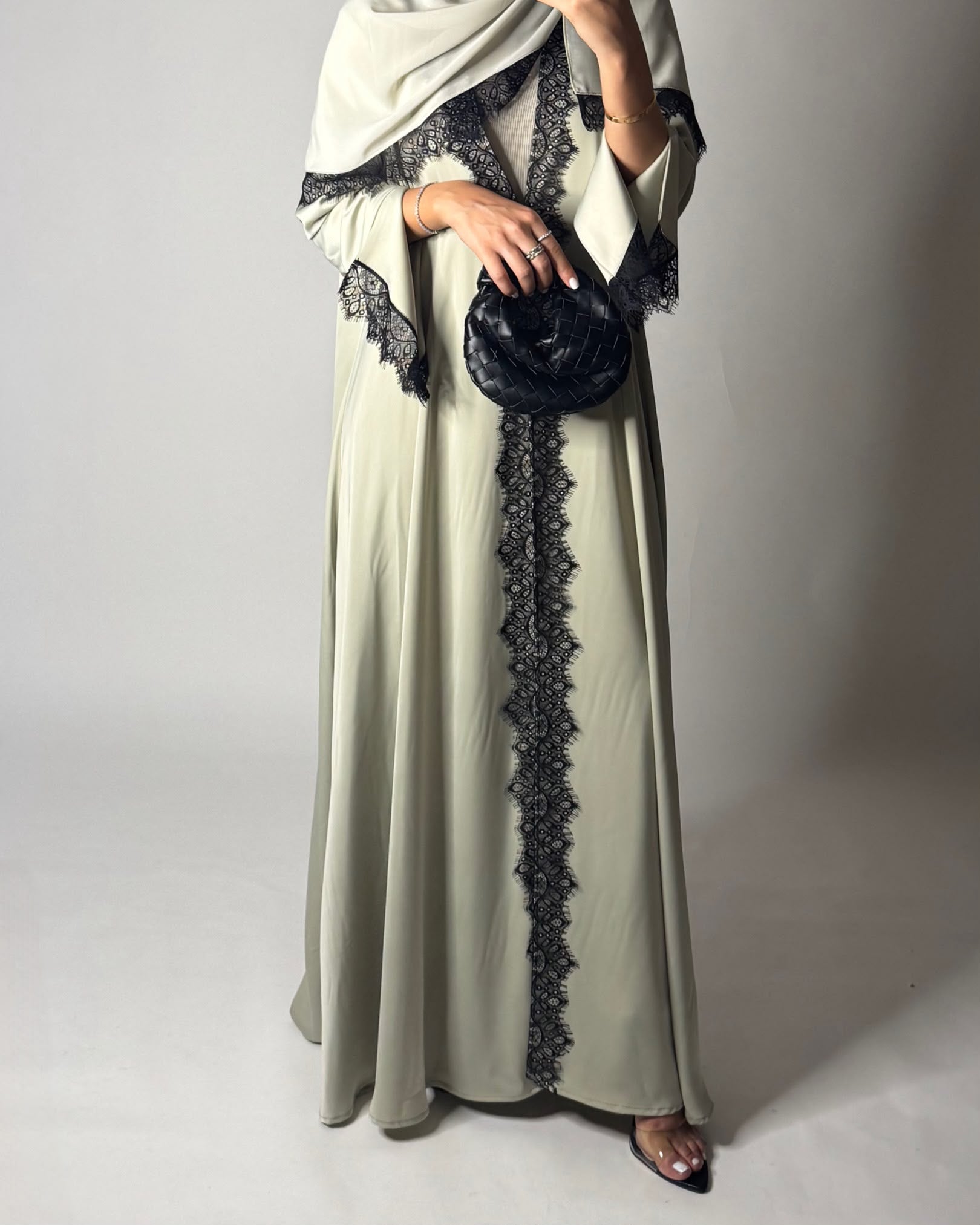 A638 - Elegant Mint Green A-CUT Abaya with Black Lace & Matching Head Scarf