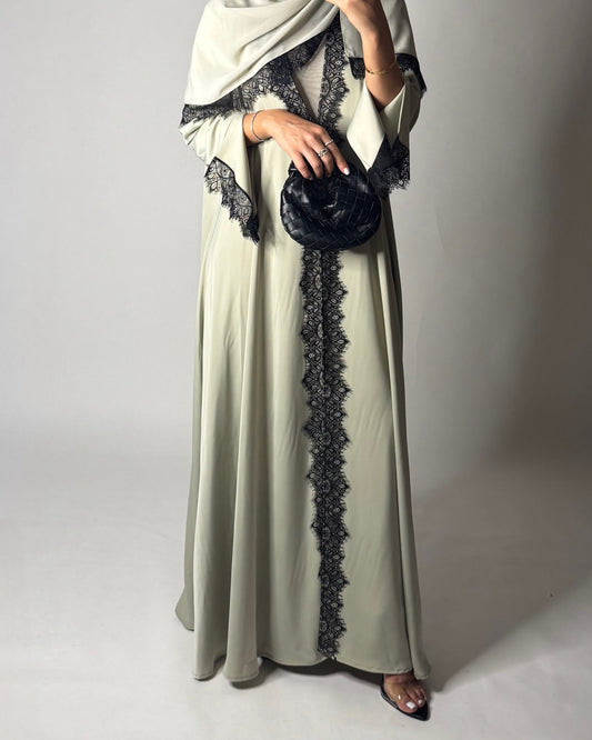A638 - Elegant Mint Green A-CUT Abaya with Black Lace & Matching Head Scarf