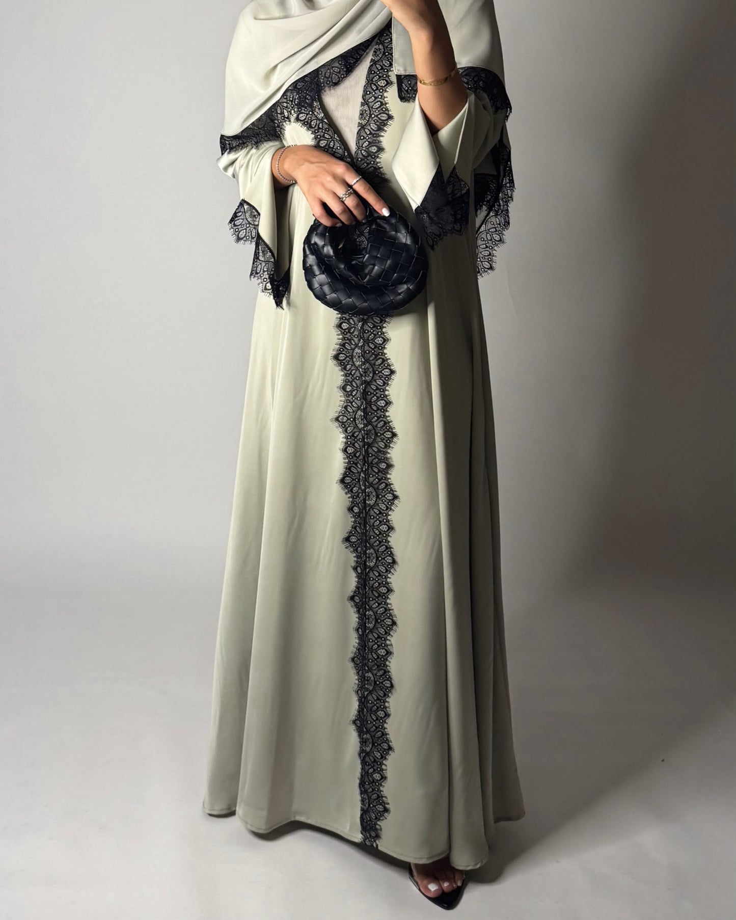 A638 - Elegant Mint Green A-CUT Abaya with Black Lace & Matching Head Scarf