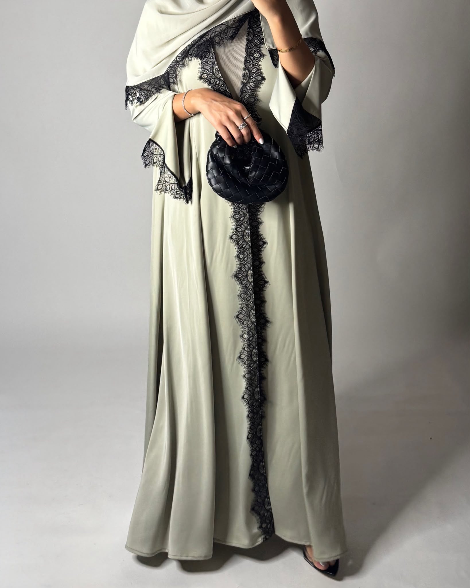 A638 - Elegant Mint Green A-CUT Abaya with Black Lace & Matching Head Scarf