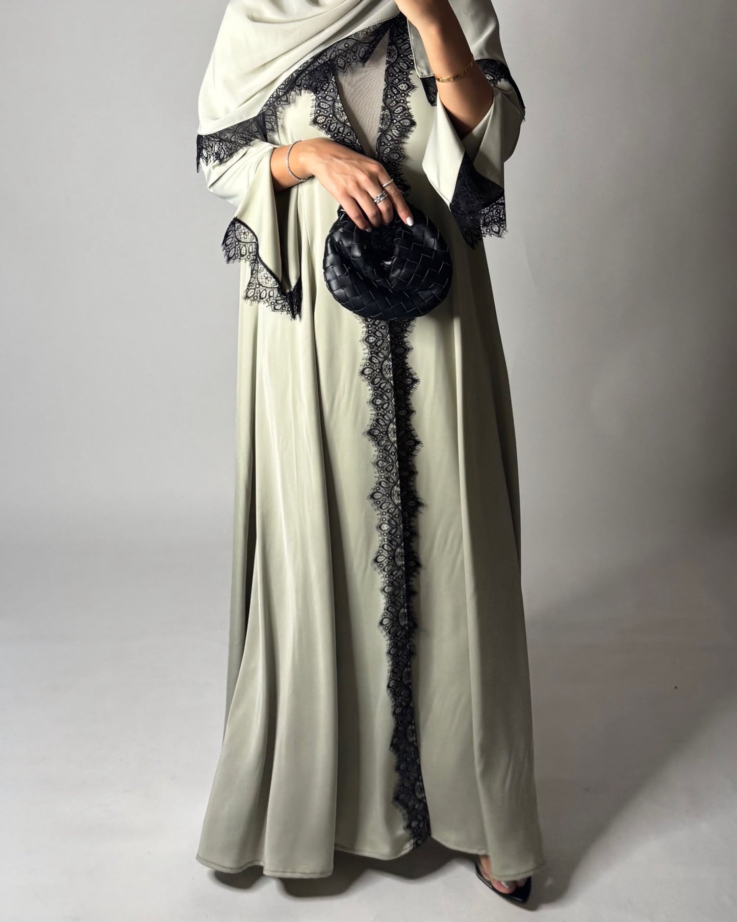A638 - Elegant Mint Green A-CUT Abaya with Black Lace & Matching Head Scarf
