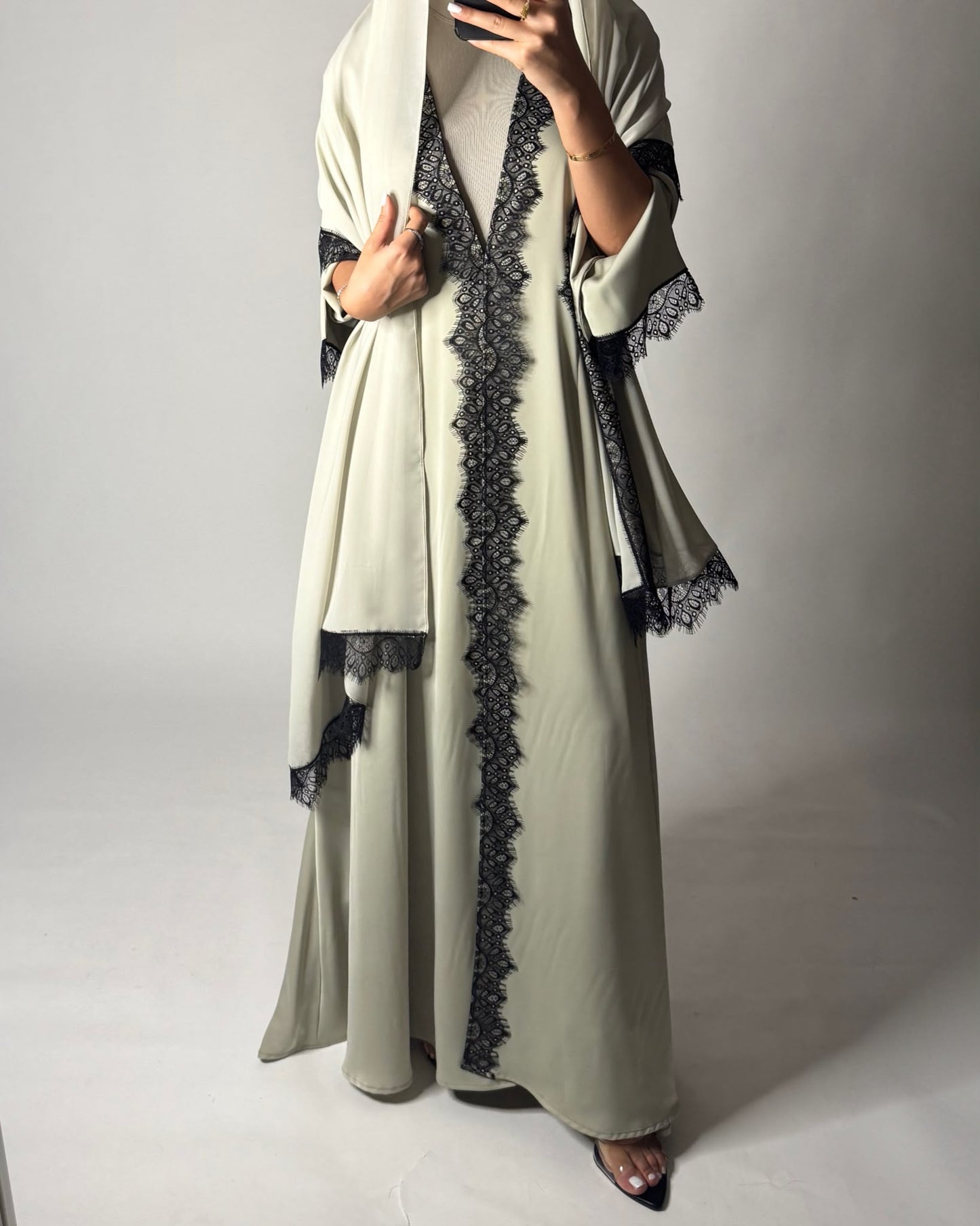 A638 - Elegant Mint Green A-CUT Abaya with Black Lace & Matching Head Scarf