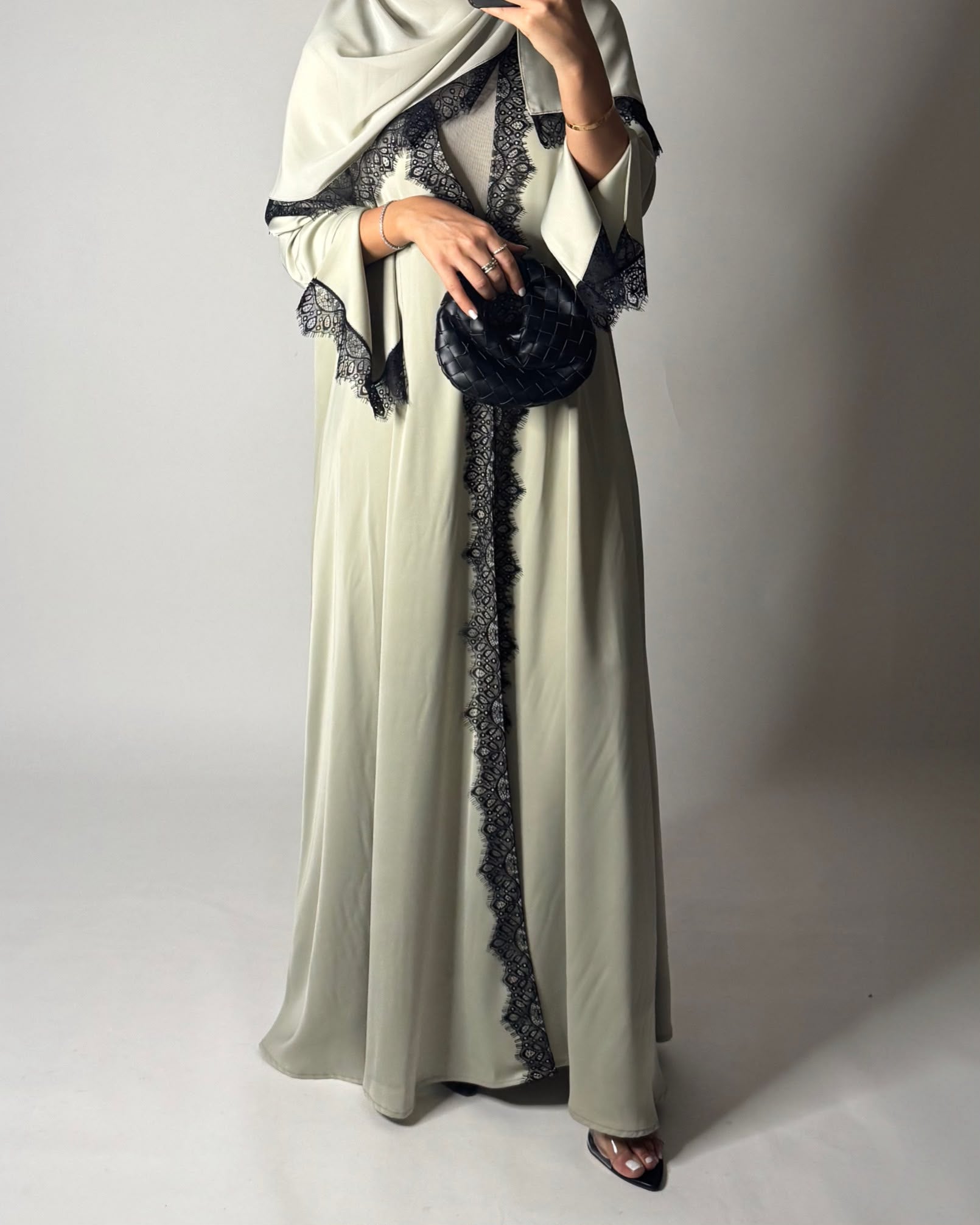 A638 - Elegant Mint Green A-CUT Abaya with Black Lace & Matching Head Scarf