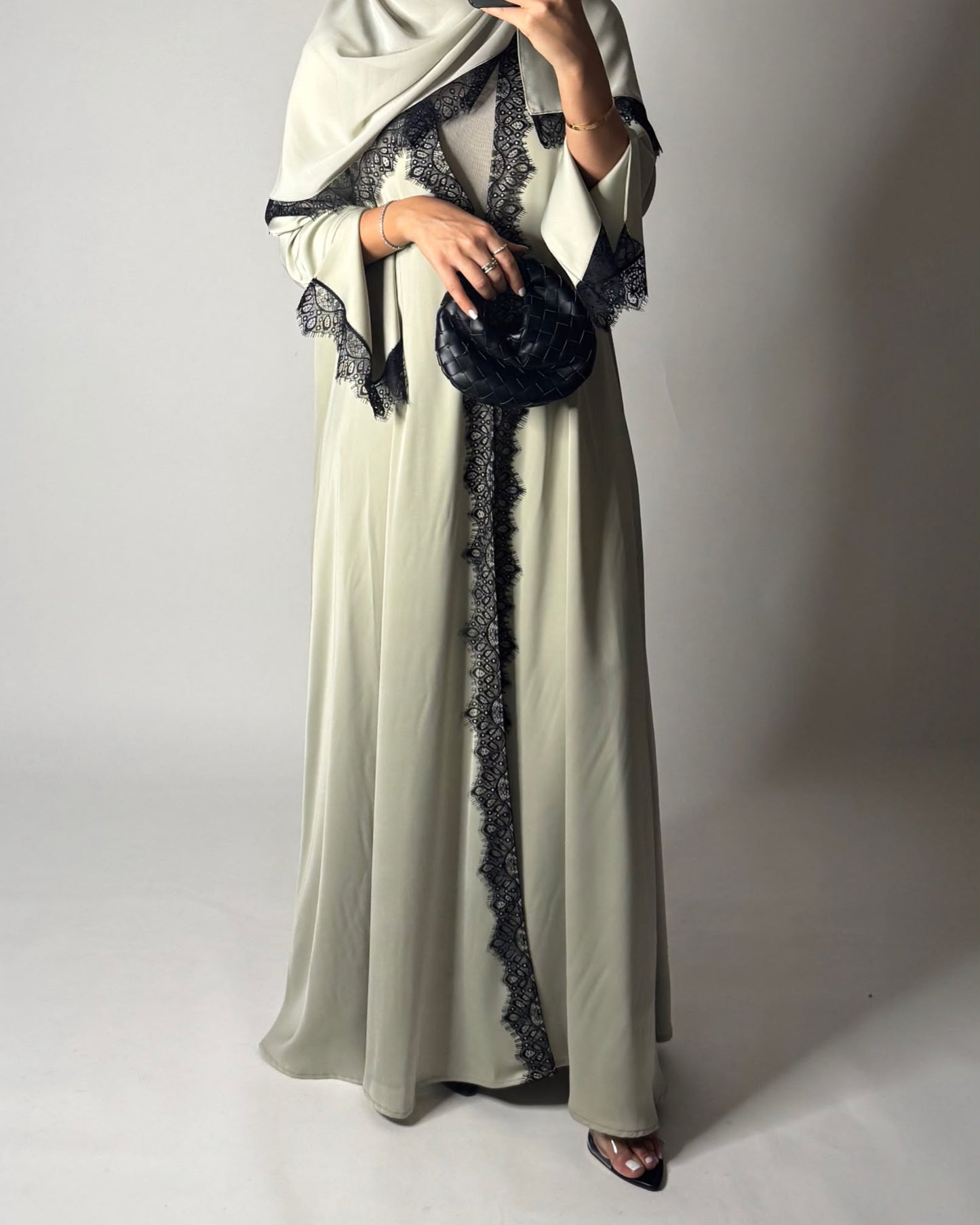 A638 - Elegant Mint Green A-CUT Abaya with Black Lace & Matching Head Scarf