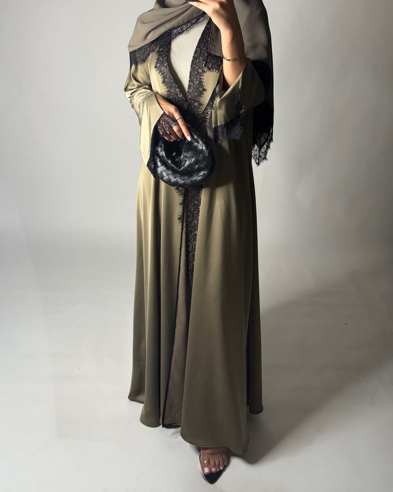 A640 - Elegant Olive Green A-CUT Abaya with Black Lace & Matching Head Scarf