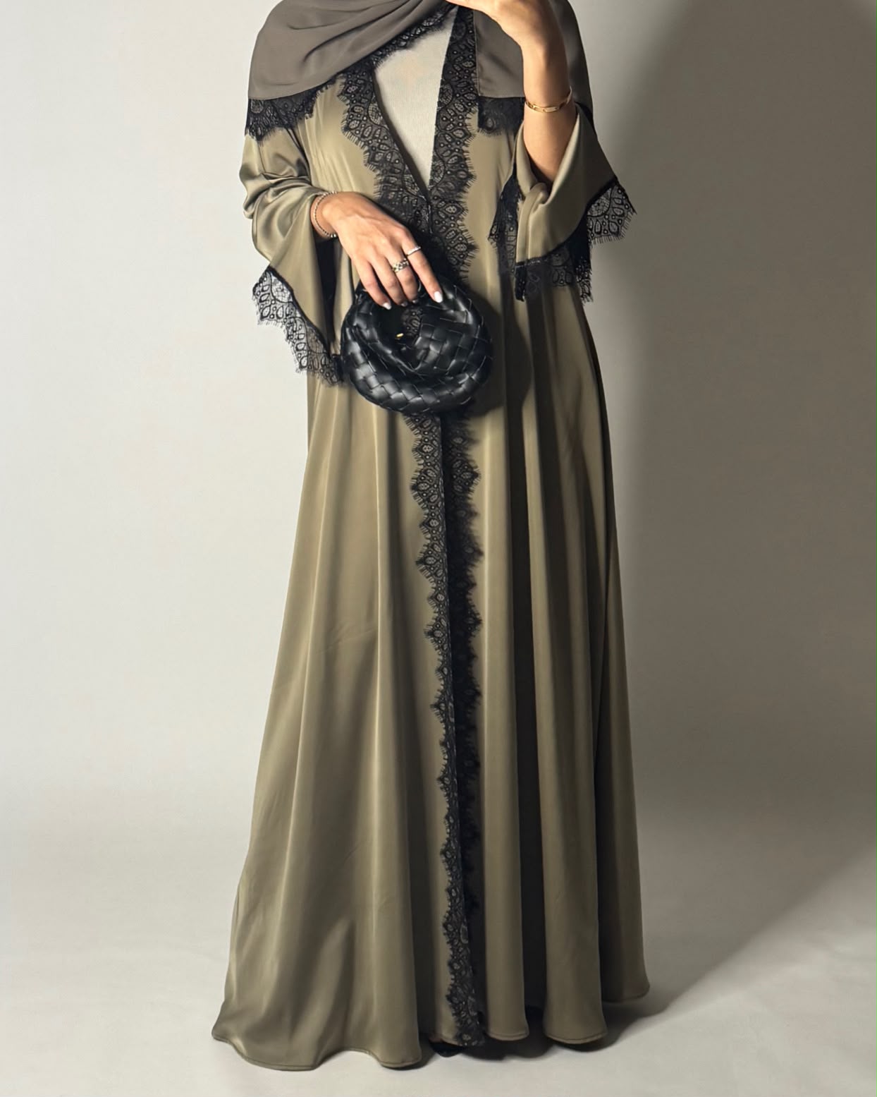 A640 - Elegant Olive Green A-CUT Abaya with Black Lace & Matching Head Scarf