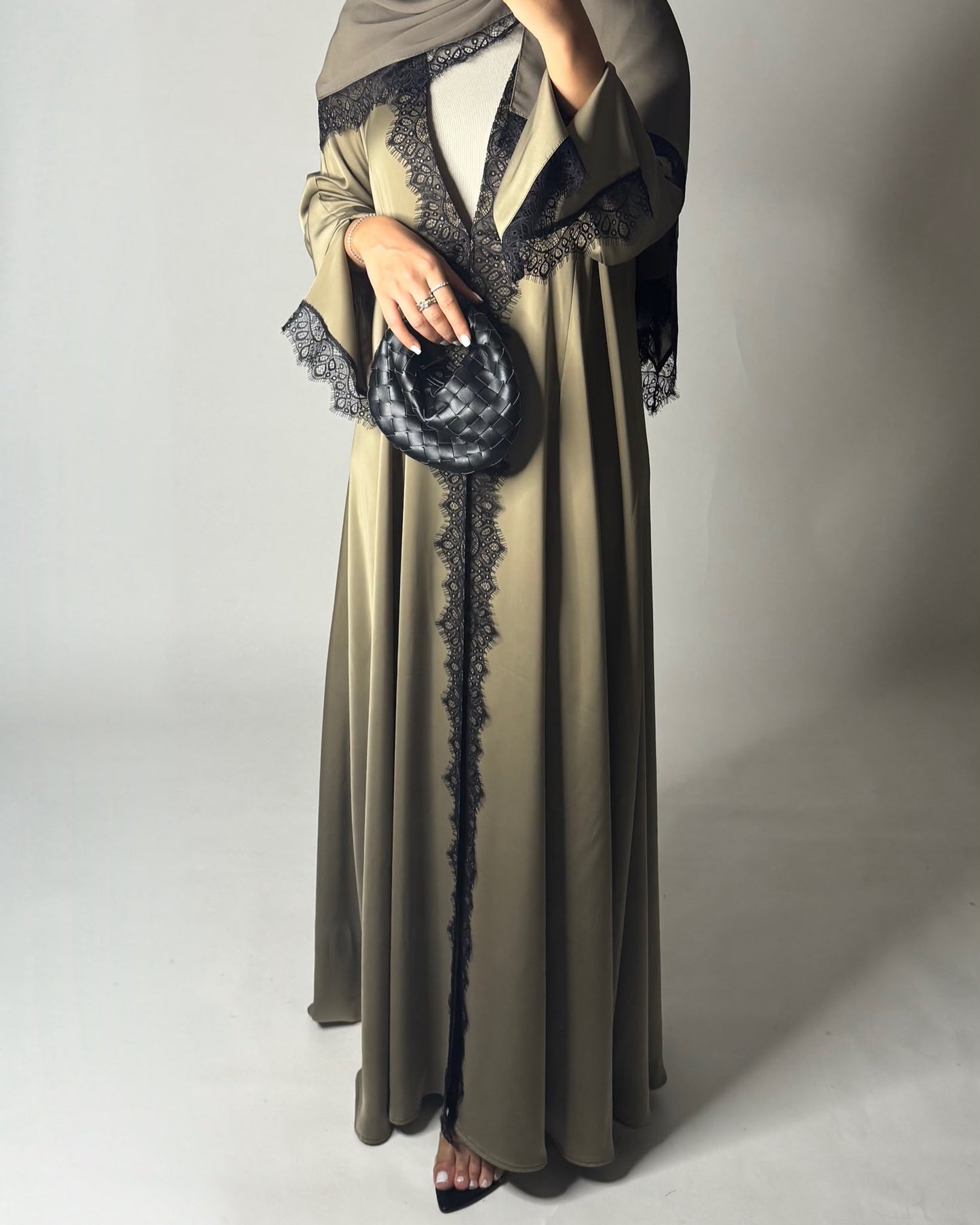 A640 - Elegant Olive Green A-CUT Abaya with Black Lace & Matching Head Scarf