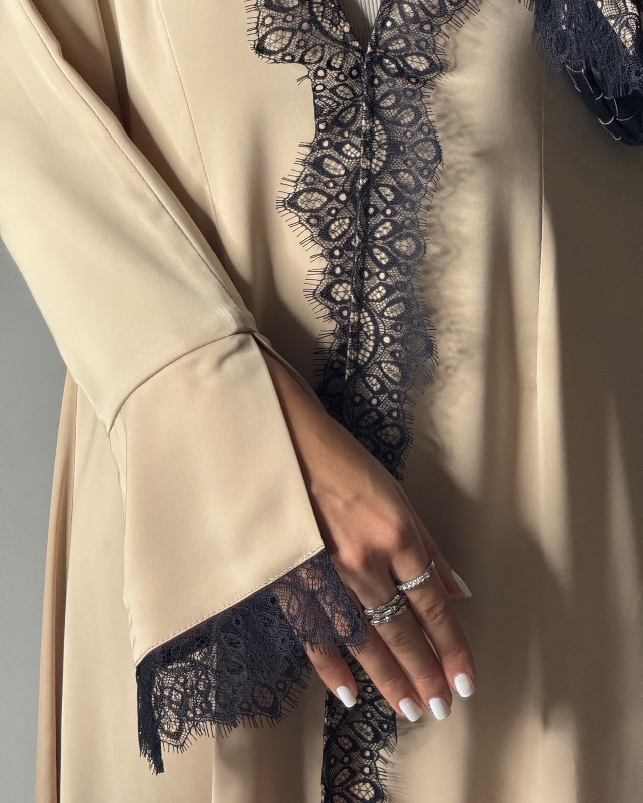 A634 - Elegant Beige A-CUT Abaya with Black Lace & Matching Head Scarf