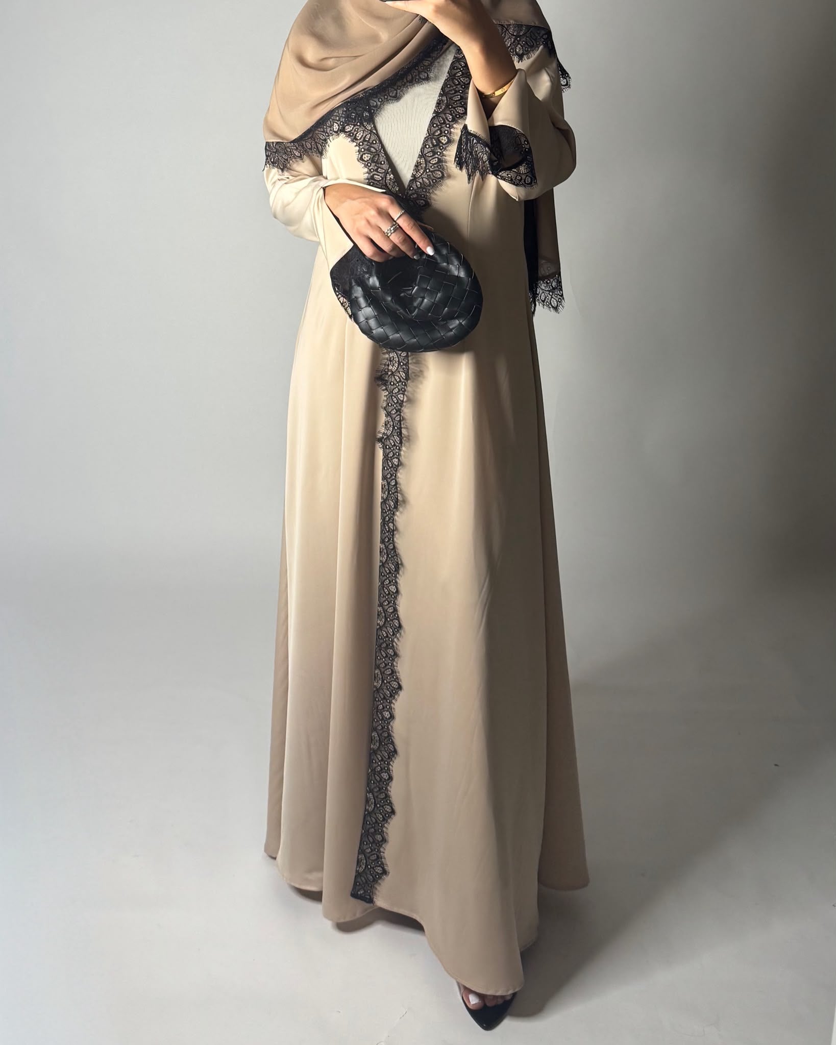 A634 - Elegant Beige A-CUT Abaya with Black Lace & Matching Head Scarf