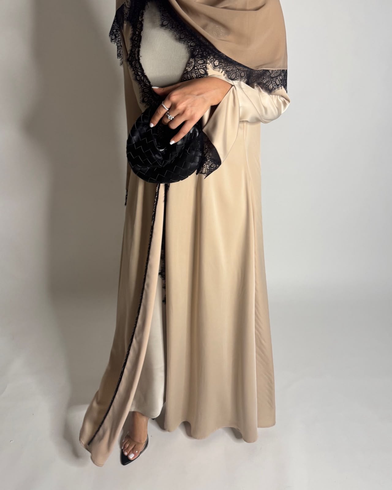 A634 - Elegant Beige A-CUT Abaya with Black Lace & Matching Head Scarf