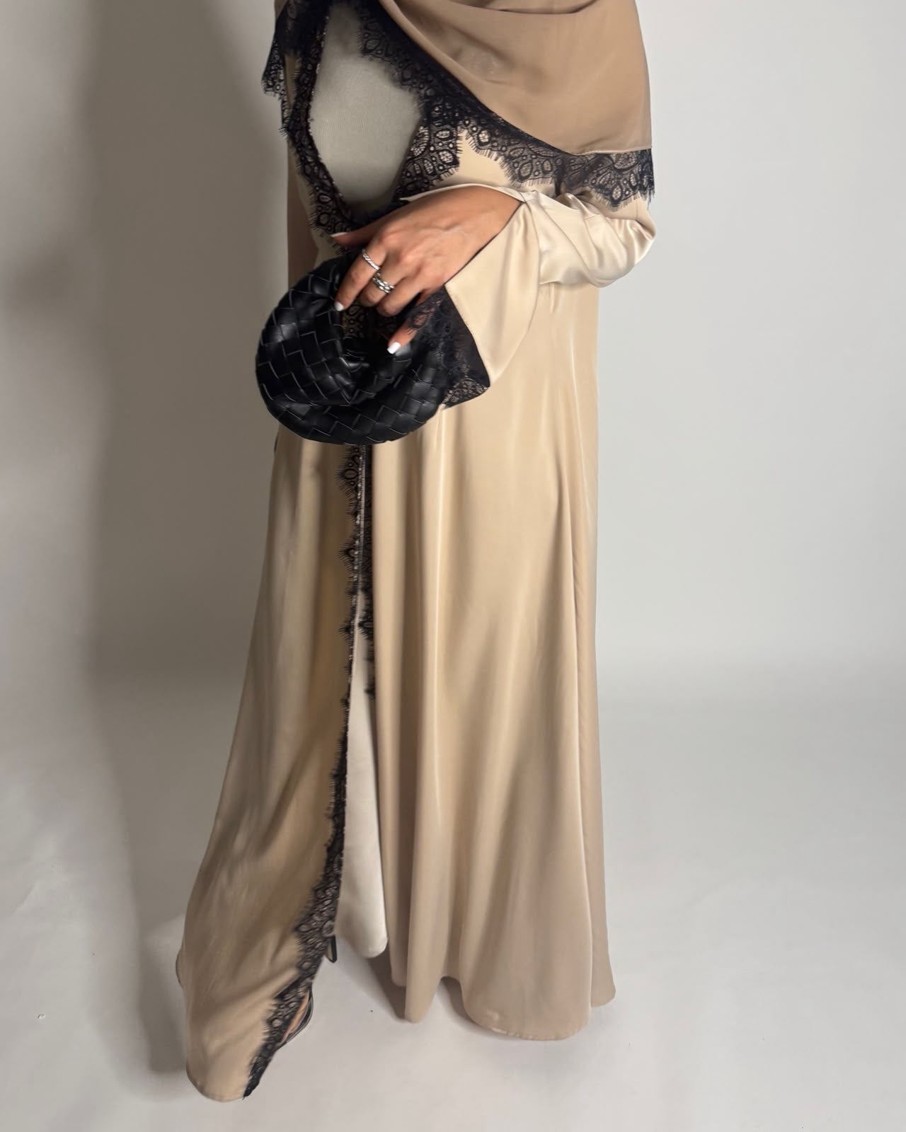 A634 - Elegant Beige A-CUT Abaya with Black Lace & Matching Head Scarf
