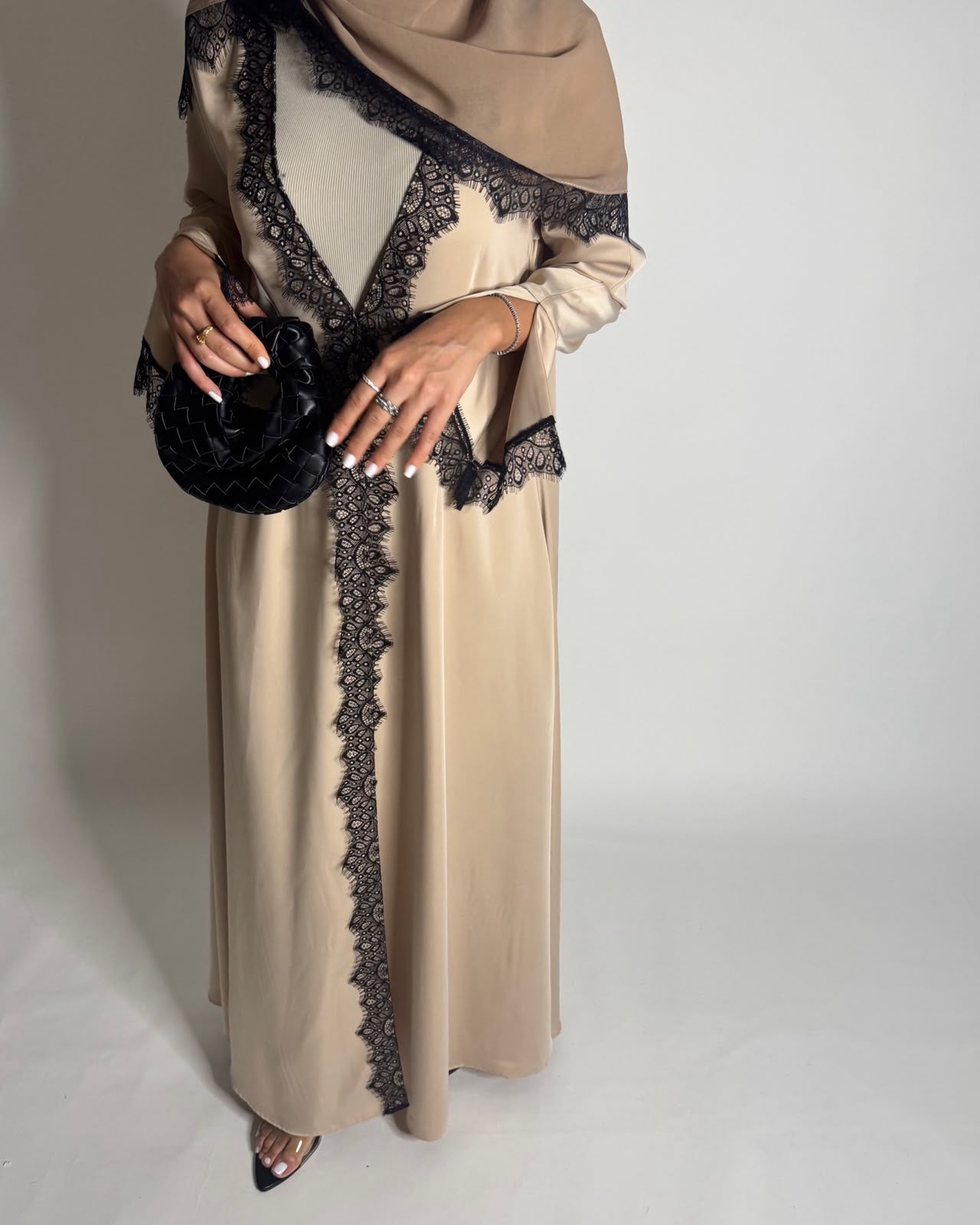 A634 - Elegant Beige A-CUT Abaya with Black Lace & Matching Head Scarf