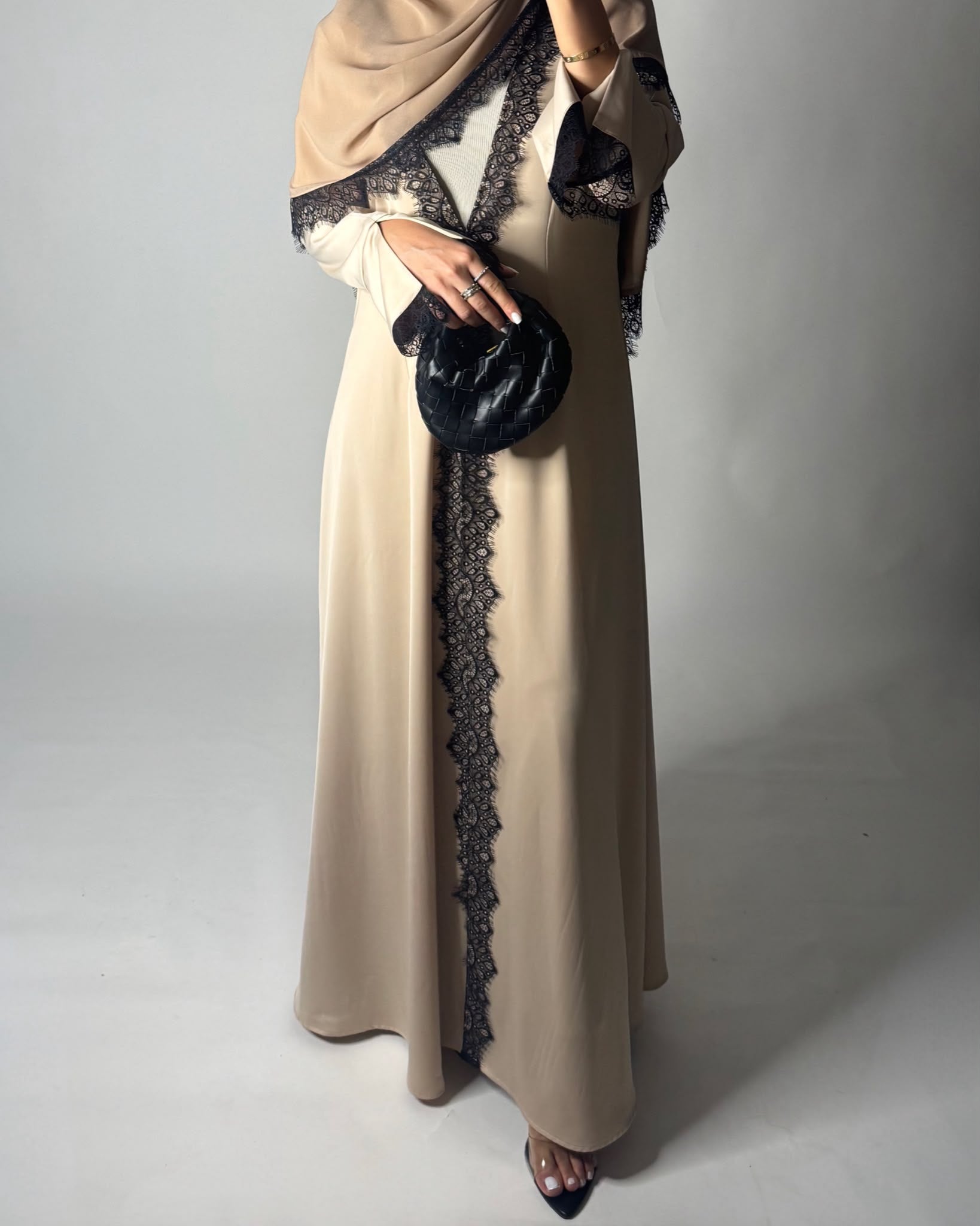 A634 - Elegant Beige A-CUT Abaya with Black Lace & Matching Head Scarf