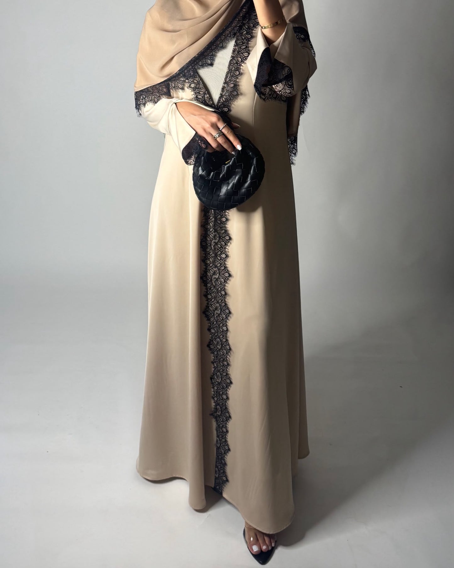 A634 - Elegant Beige A-CUT Abaya with Black Lace & Matching Head Scarf