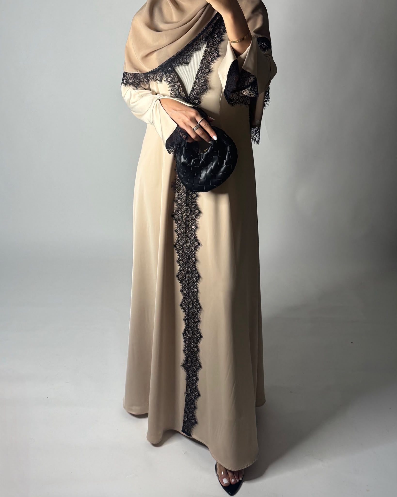 A634 - Elegant Beige A-CUT Abaya with Black Lace & Matching Head Scarf