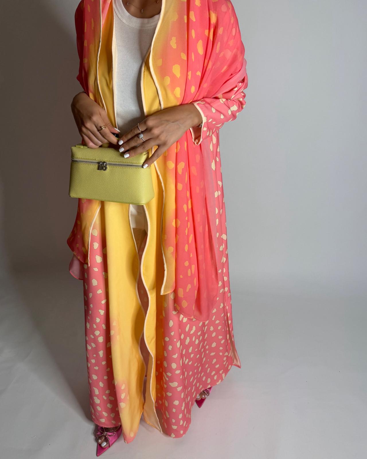 A644 - Waves Leopard Print A-CUT Pink & Yellow Abaya & Matching Head Scarf