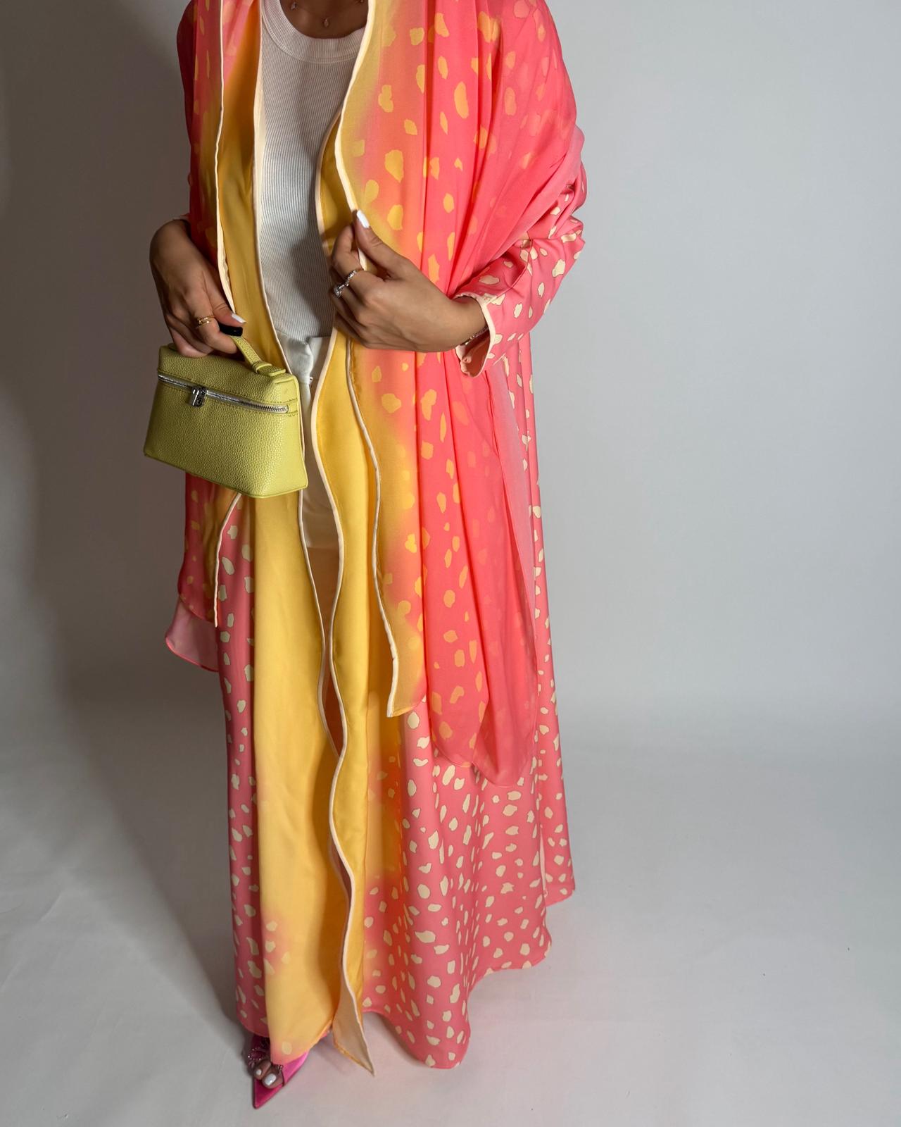 A644 - Waves Leopard Print A-CUT Pink & Yellow Abaya & Matching Head Scarf