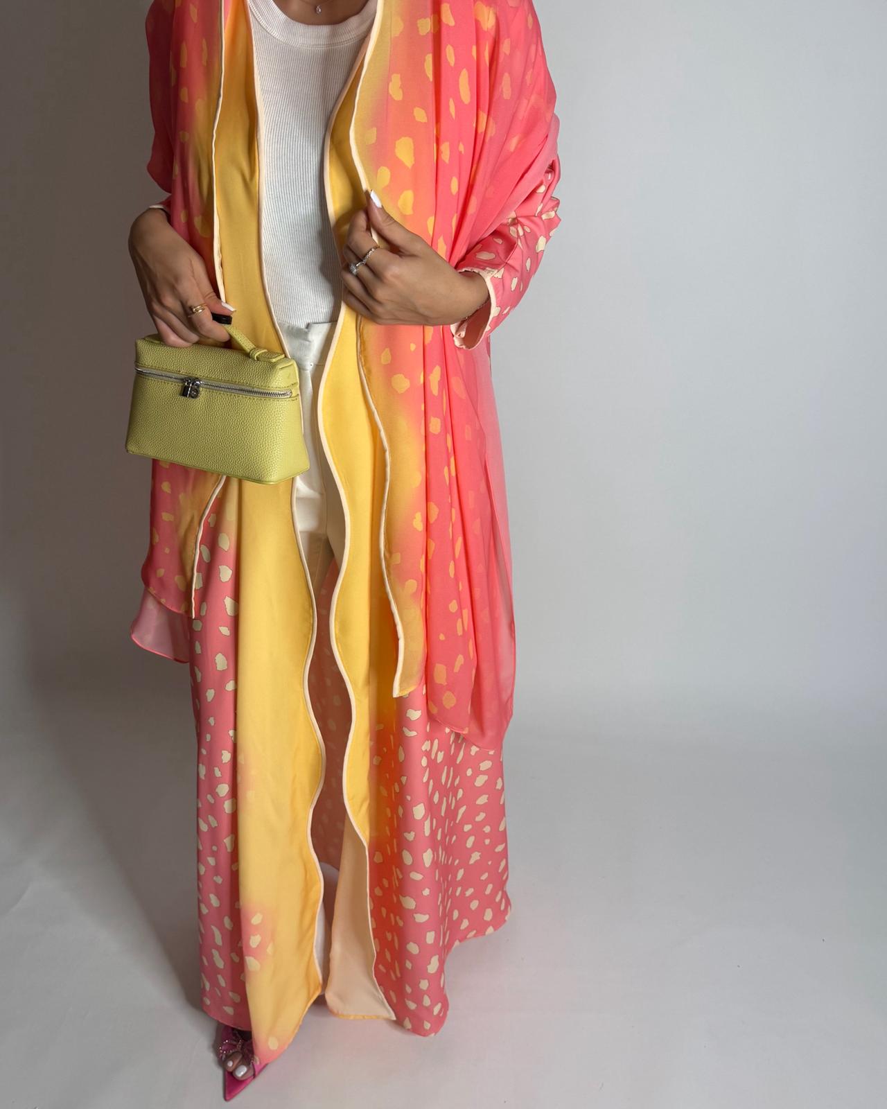 A644 - Waves Leopard Print A-CUT Pink & Yellow Abaya & Matching Head Scarf