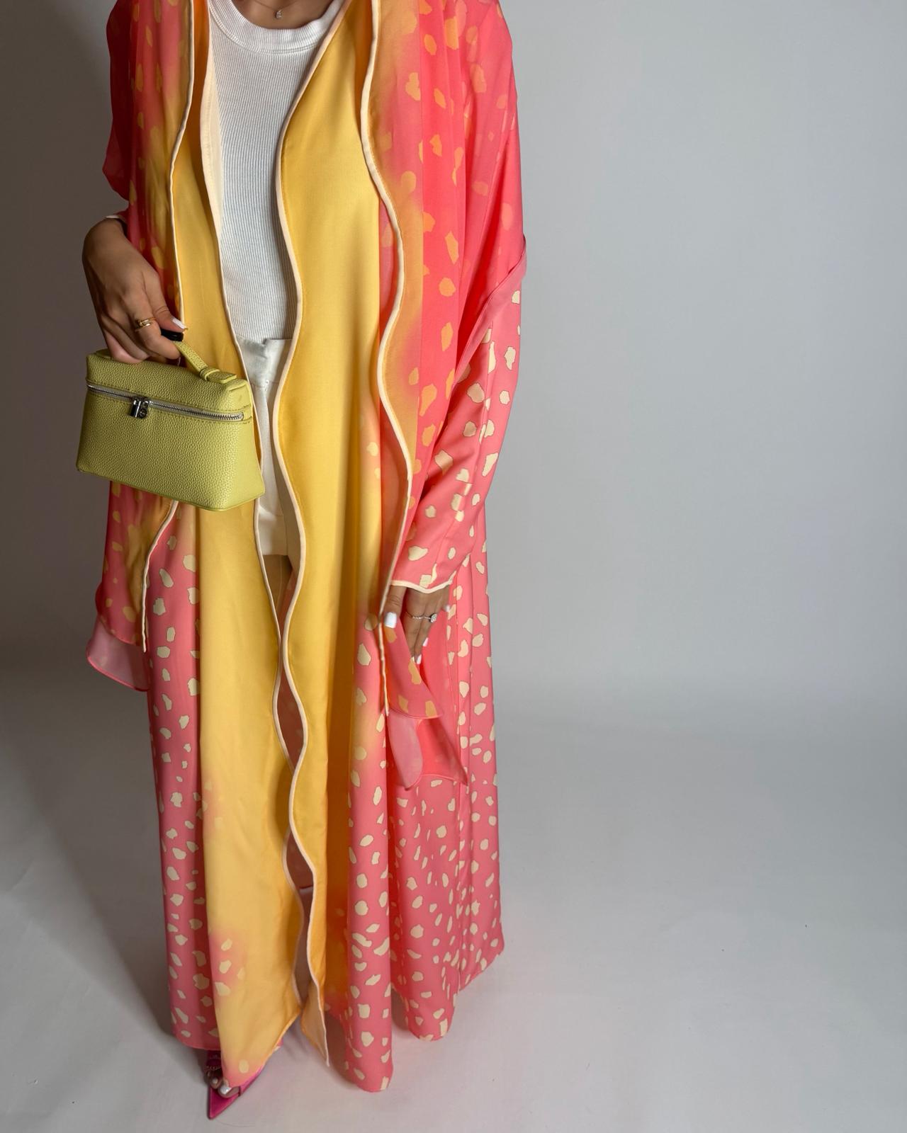 A644 - Waves Leopard Print A-CUT Pink & Yellow Abaya & Matching Head Scarf