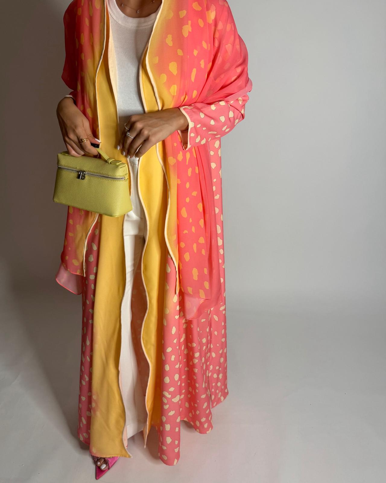 A644 - Waves Leopard Print A-CUT Pink & Yellow Abaya & Matching Head Scarf