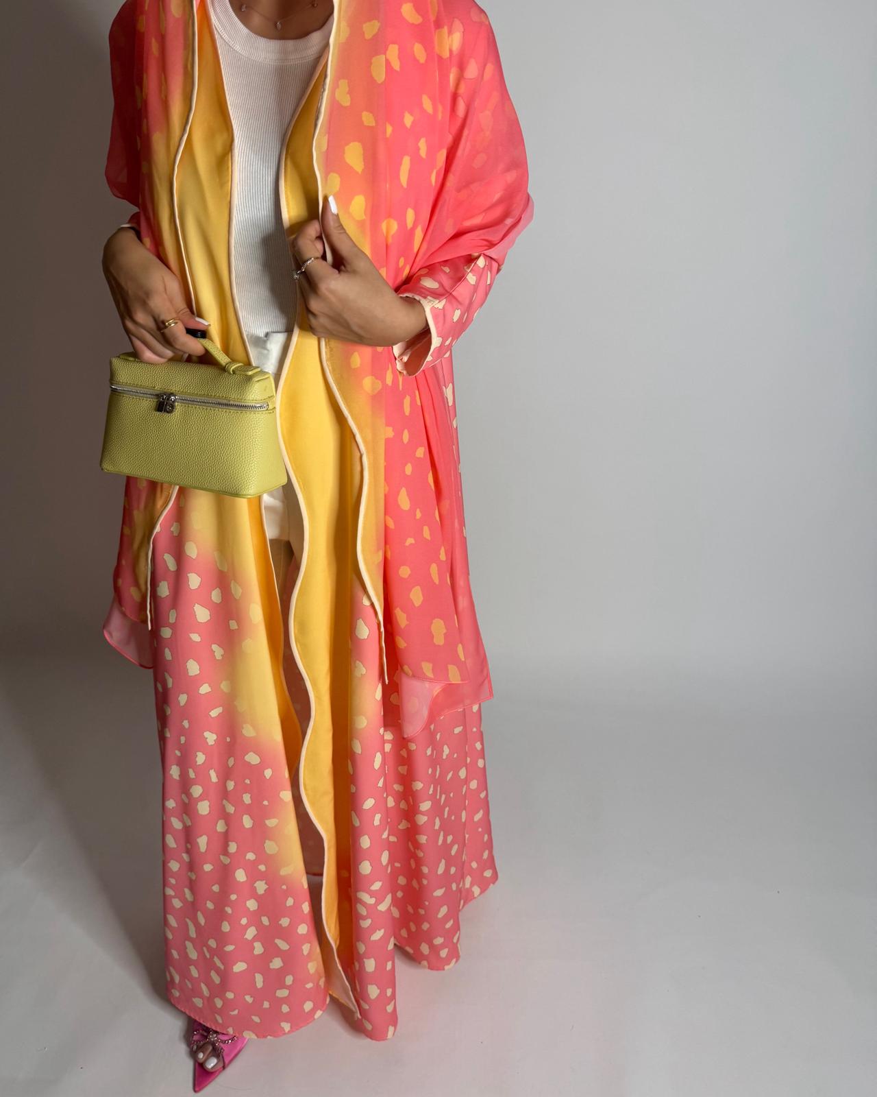 A644 - Waves Leopard Print A-CUT Pink & Yellow Abaya & Matching Head Scarf