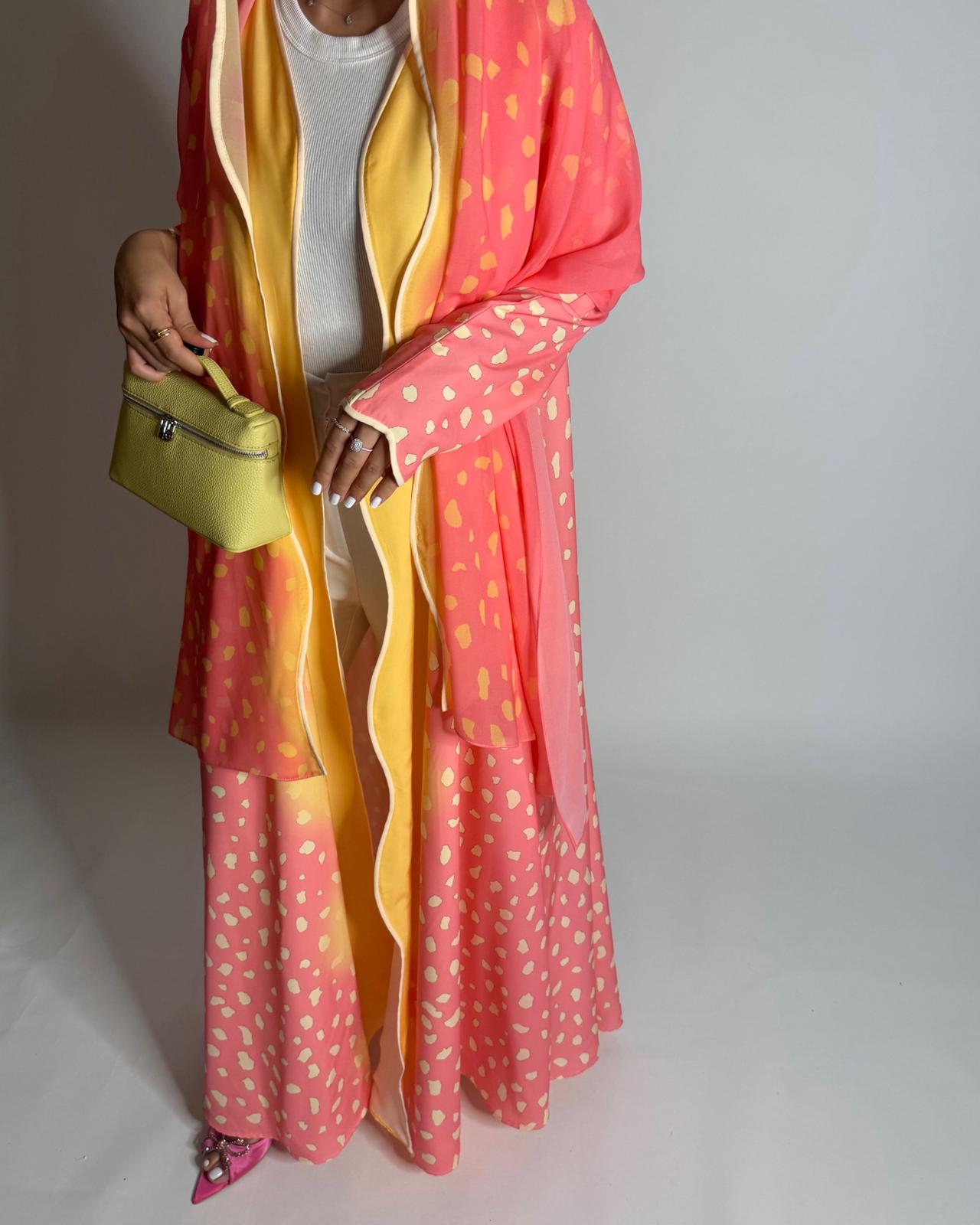 A644 - Waves Leopard Print A-CUT Pink & Yellow Abaya & Matching Head Scarf