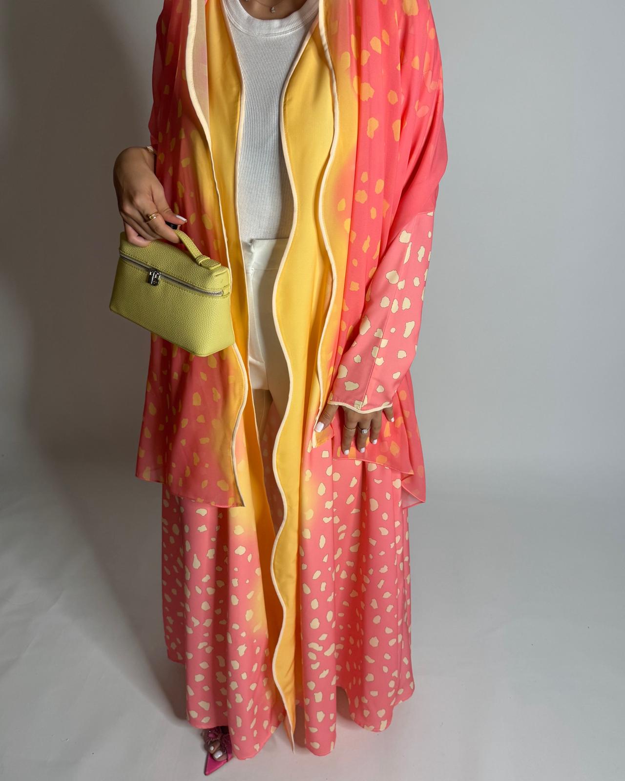 A644 - Waves Leopard Print A-CUT Pink & Yellow Abaya & Matching Head Scarf
