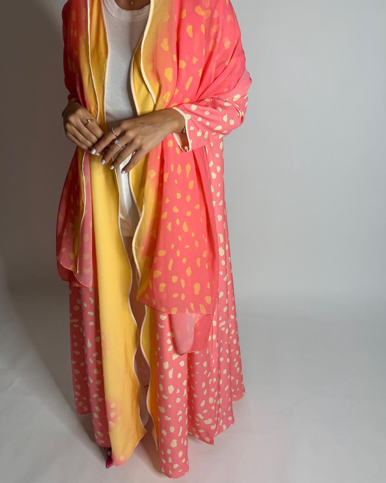 A644 - Waves Leopard Print A-CUT Pink & Yellow Abaya & Matching Head Scarf