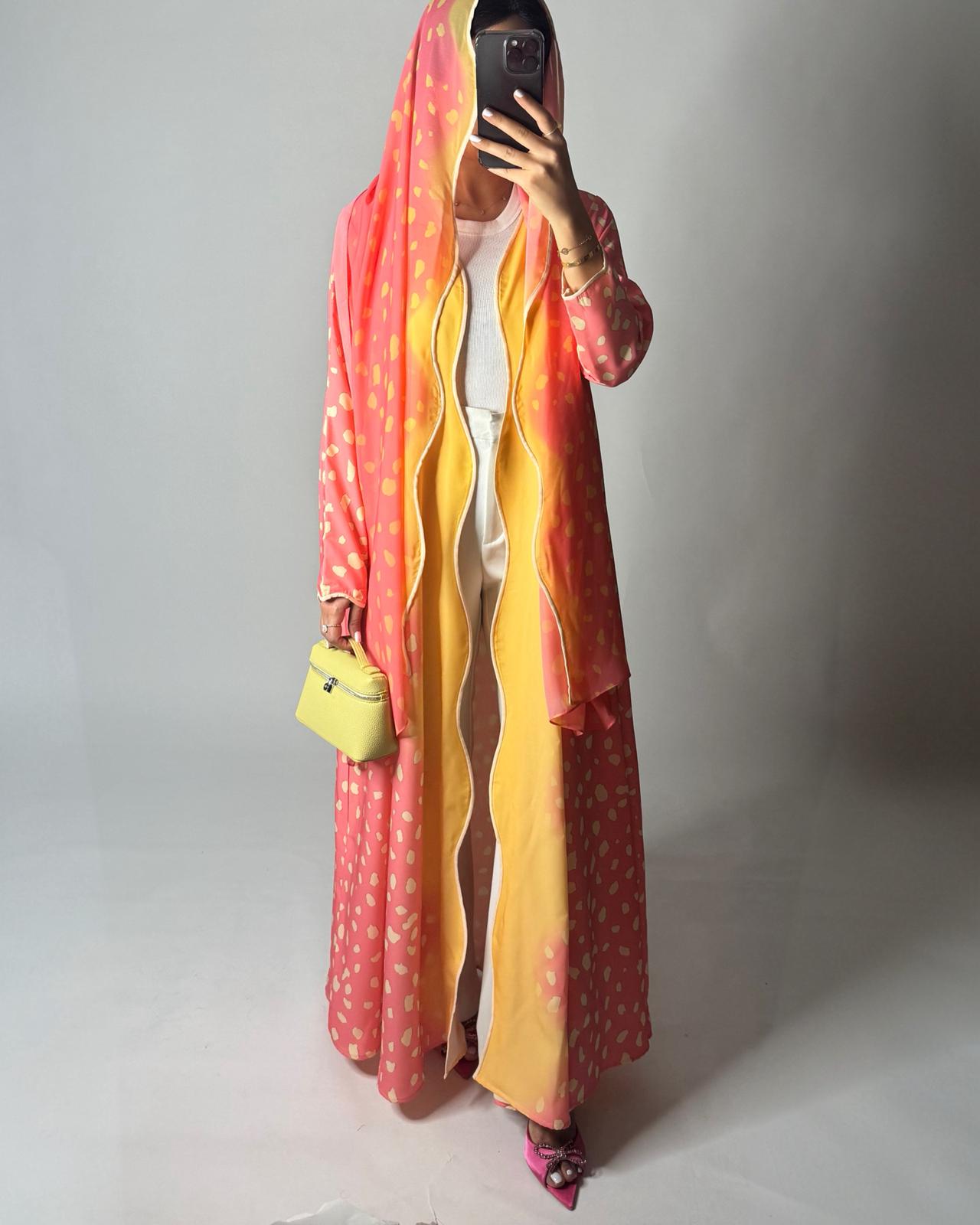 A644 - Waves Leopard Print A-CUT Pink & Yellow Abaya & Matching Head Scarf